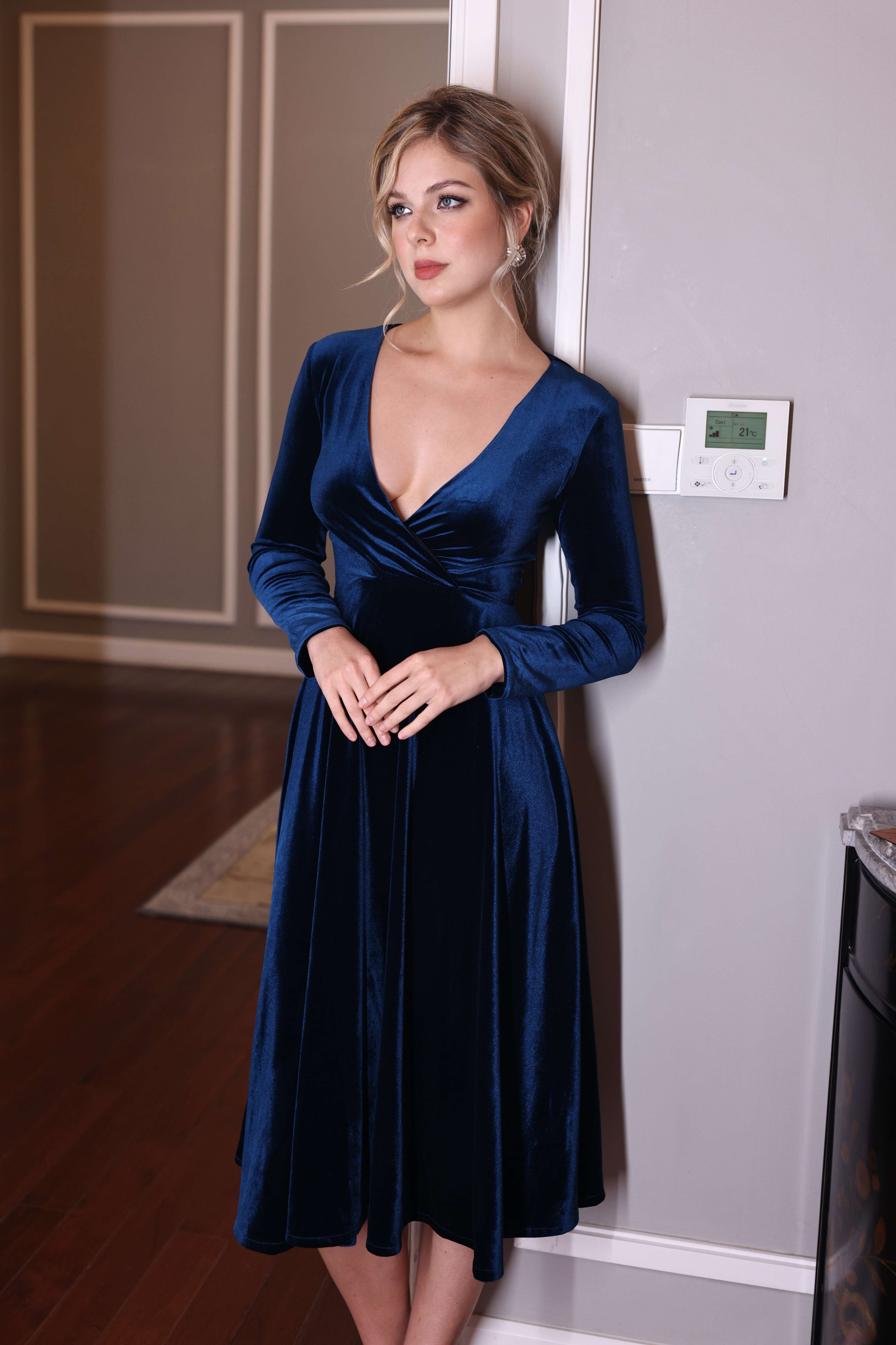 custom blue velvet midi dress