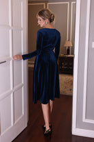 custom blue velvet midi dress