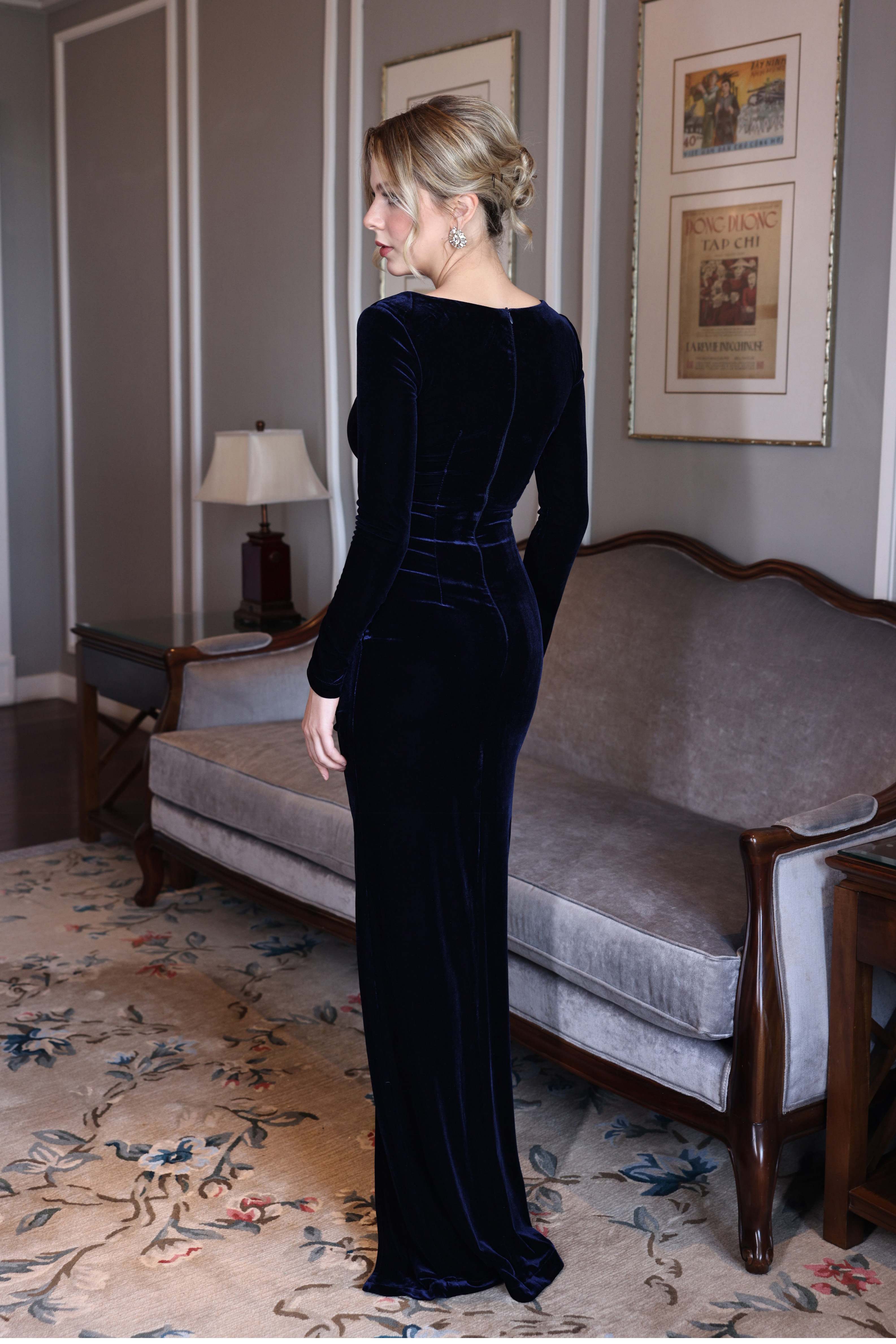custom velvet evening dress with slit