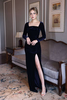 custom velvet evening dress with slit