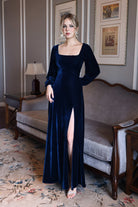 custom velvet square neck gown