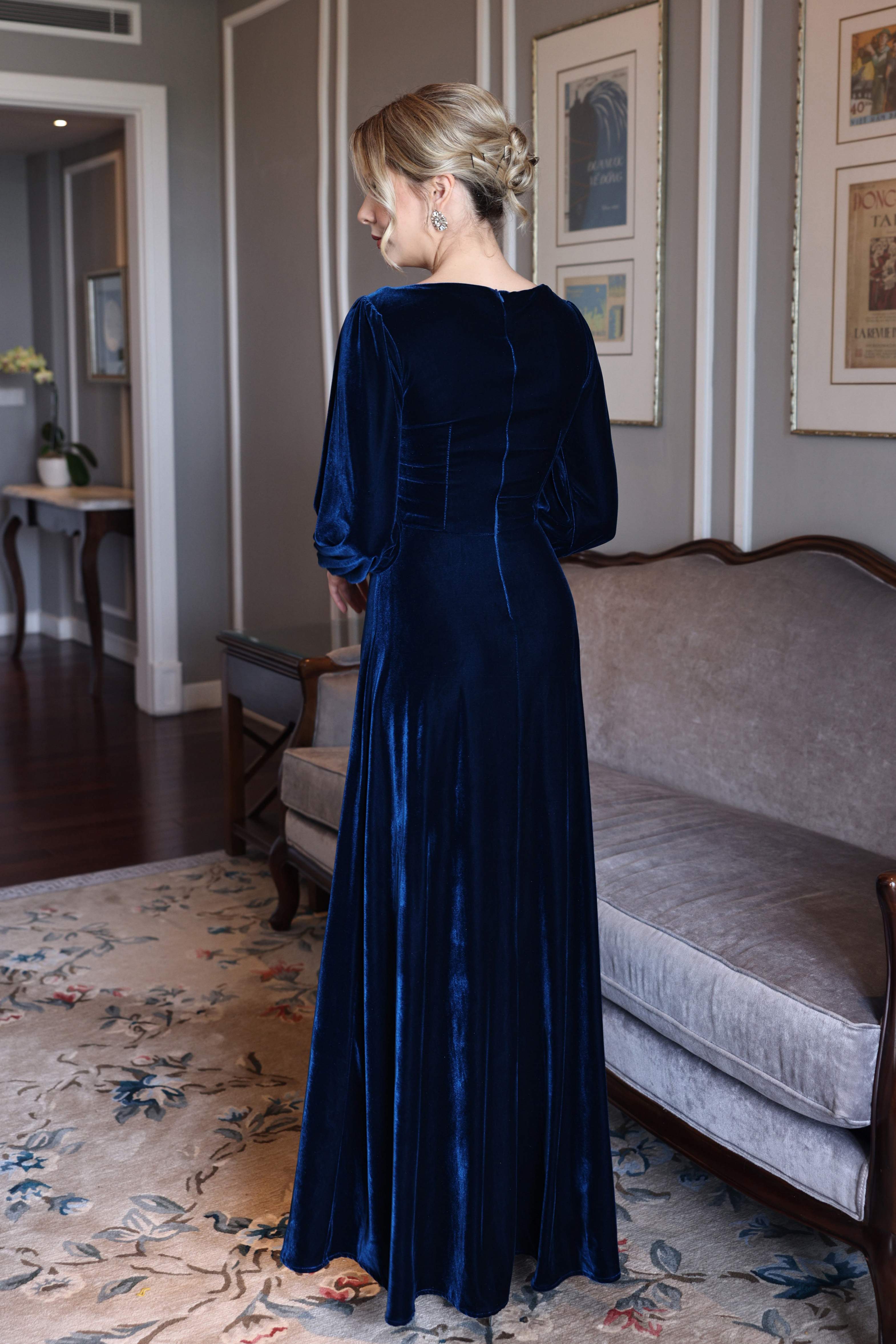 custom velvet square neck gown