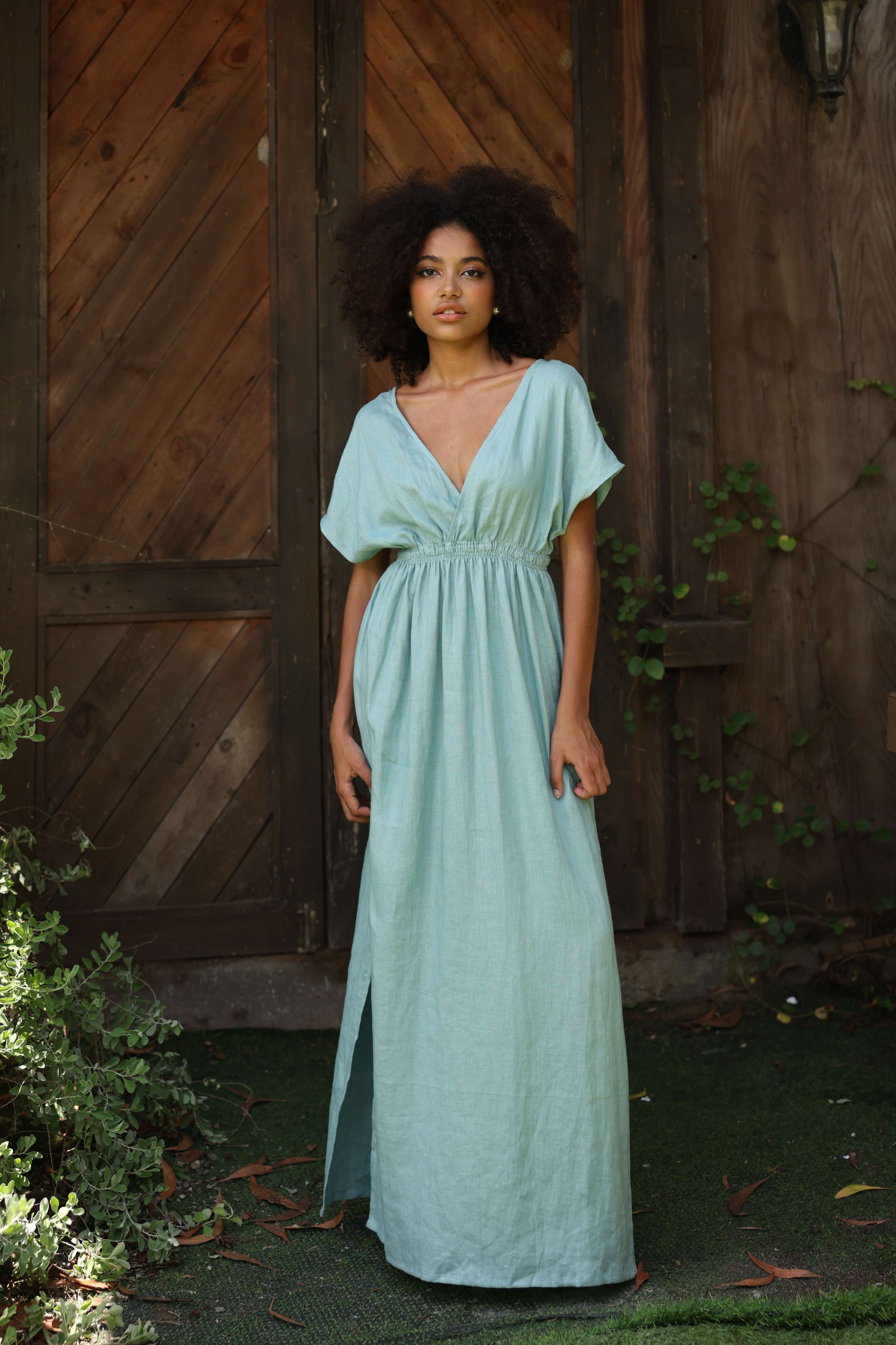 Deep V-neck linen dress