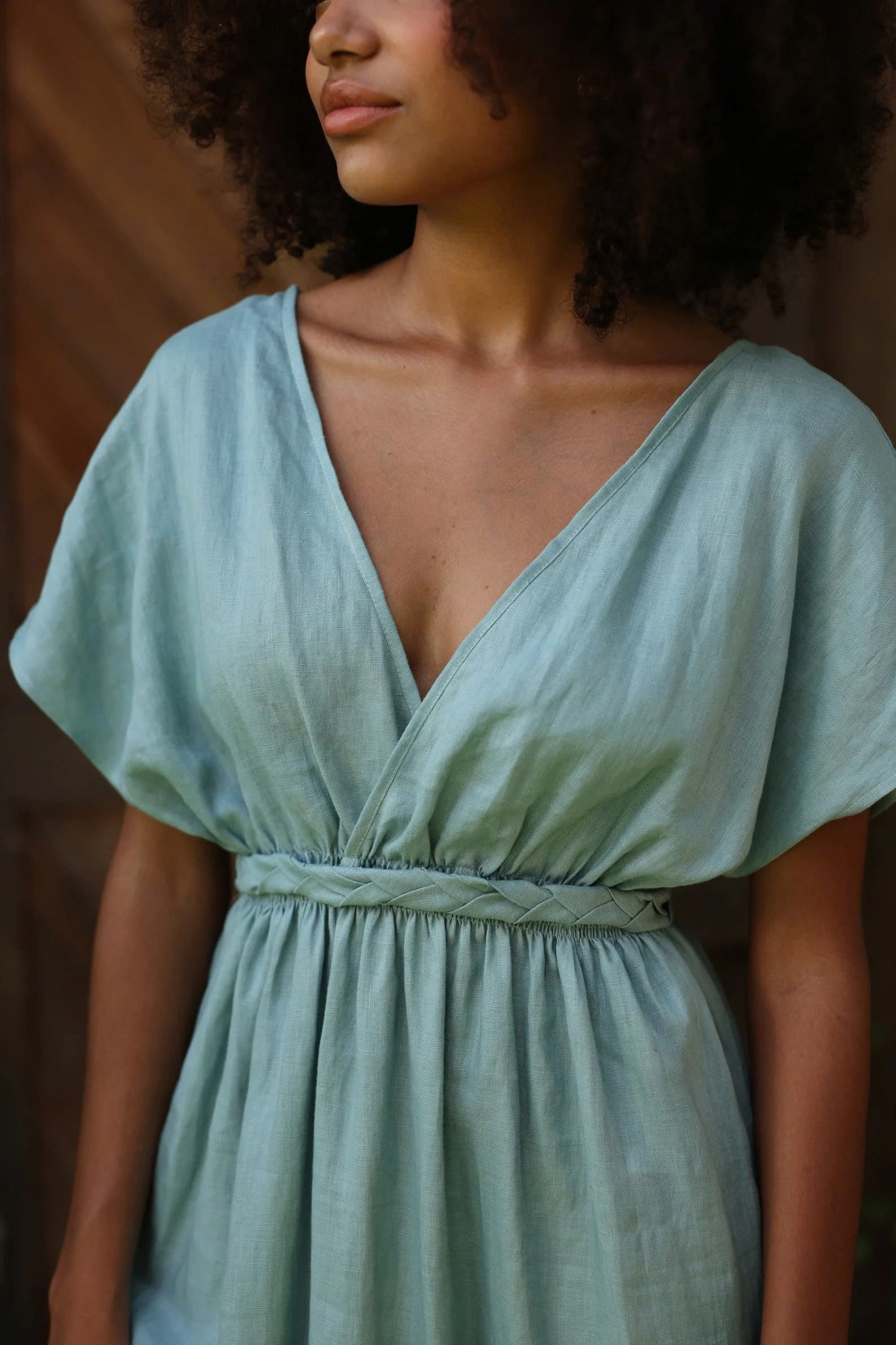 Deep V-neck linen dress
