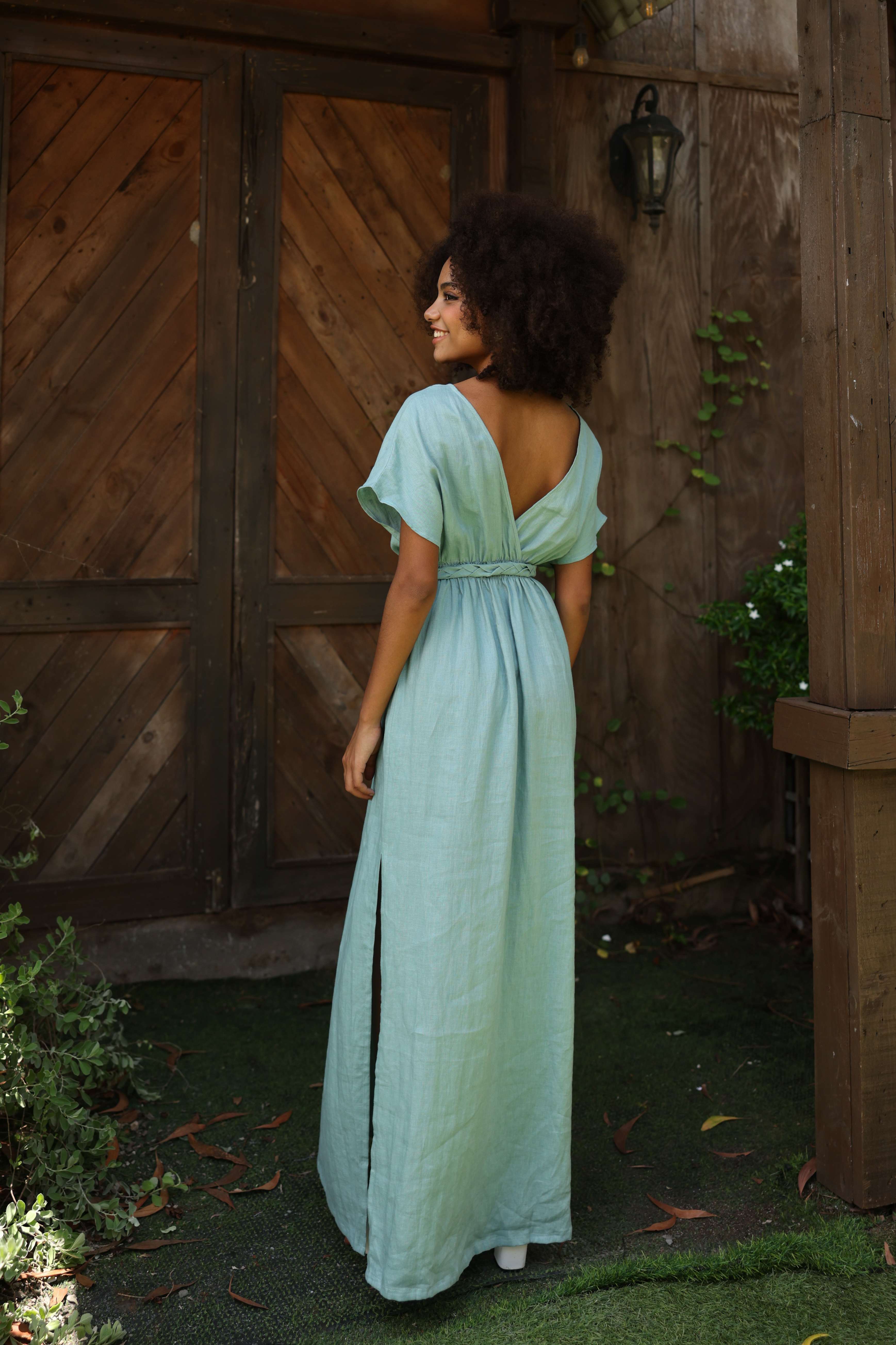 Deep V-neck linen dress