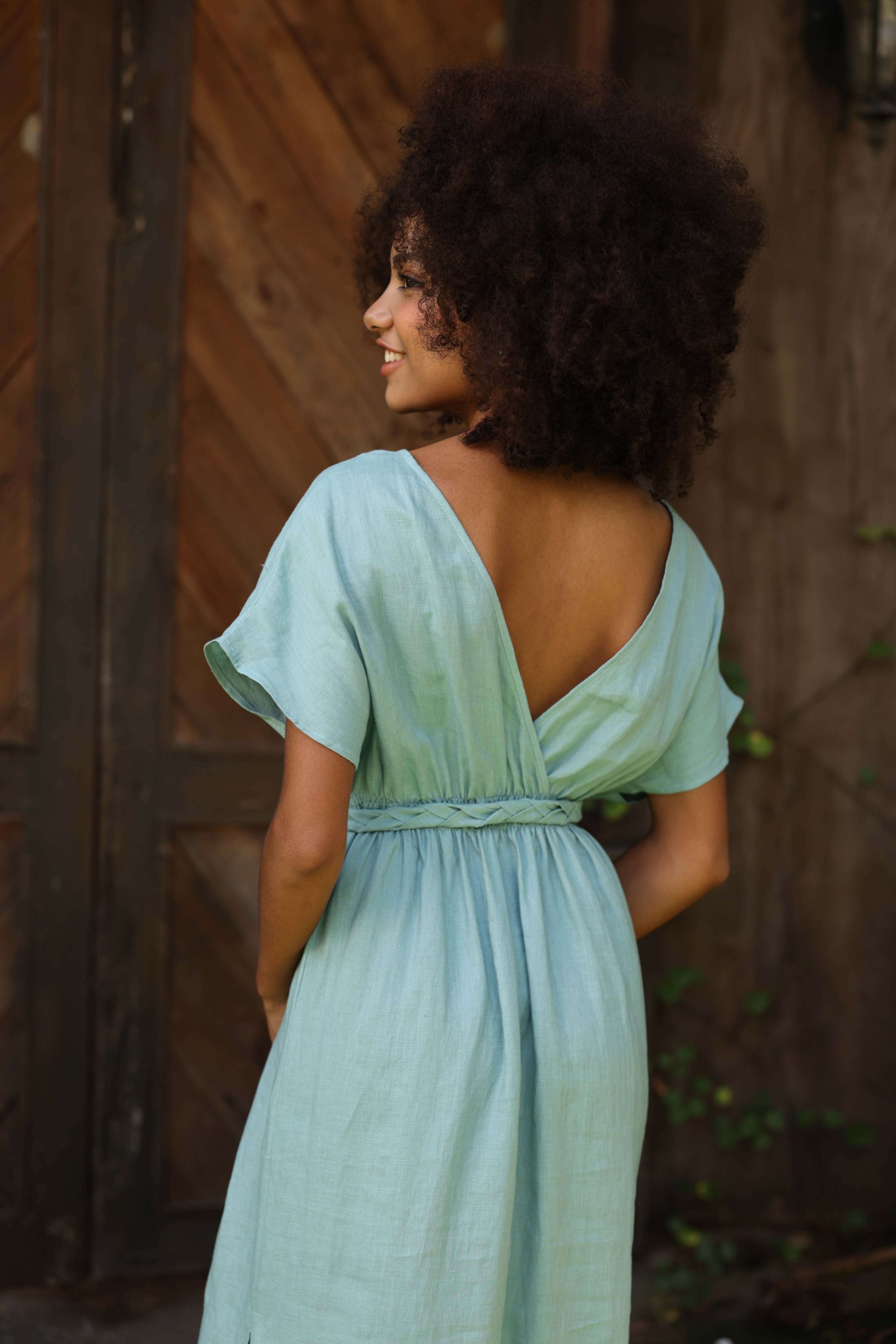 Deep V-neck linen dress