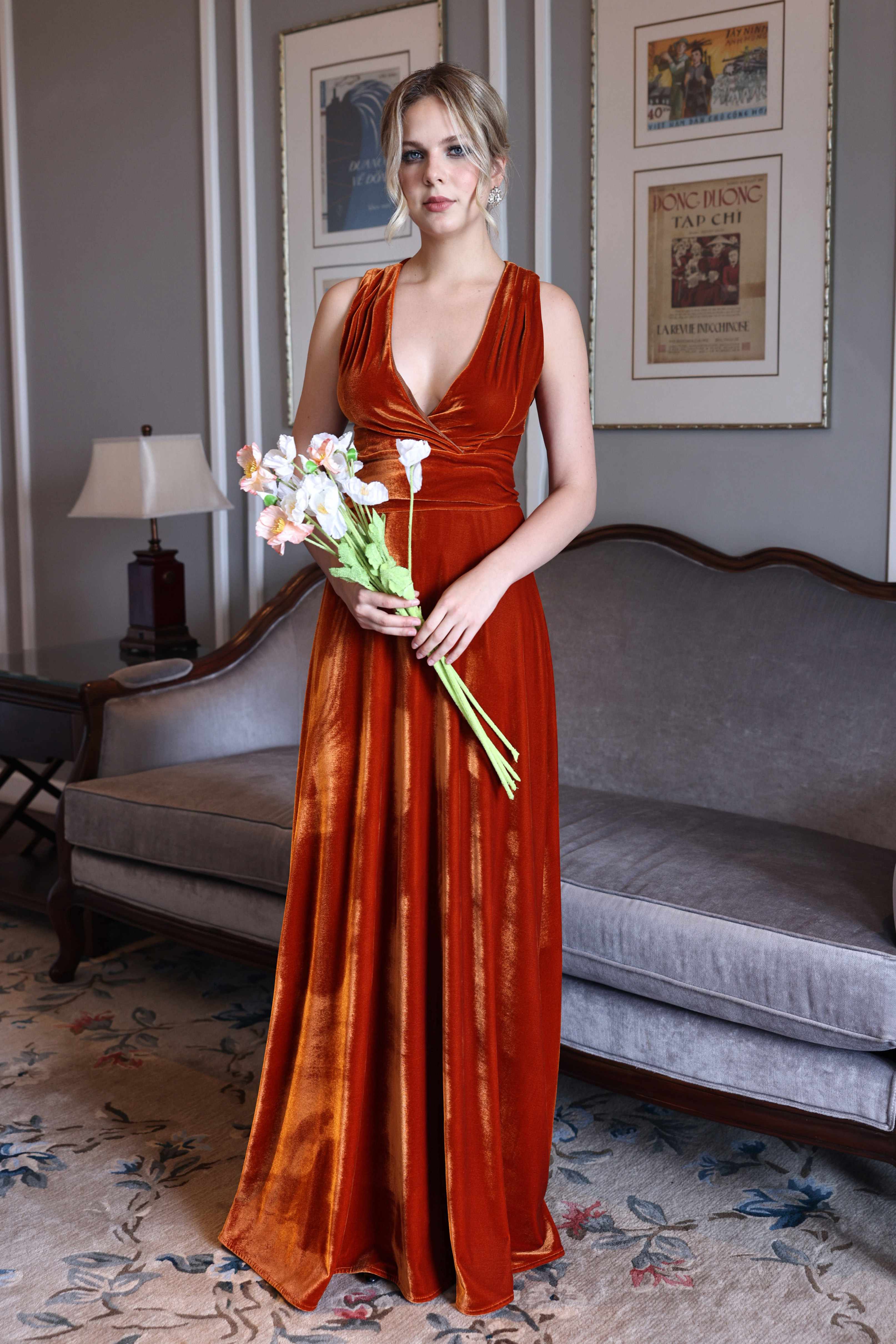 Deep V-neck velvet maxi dress
