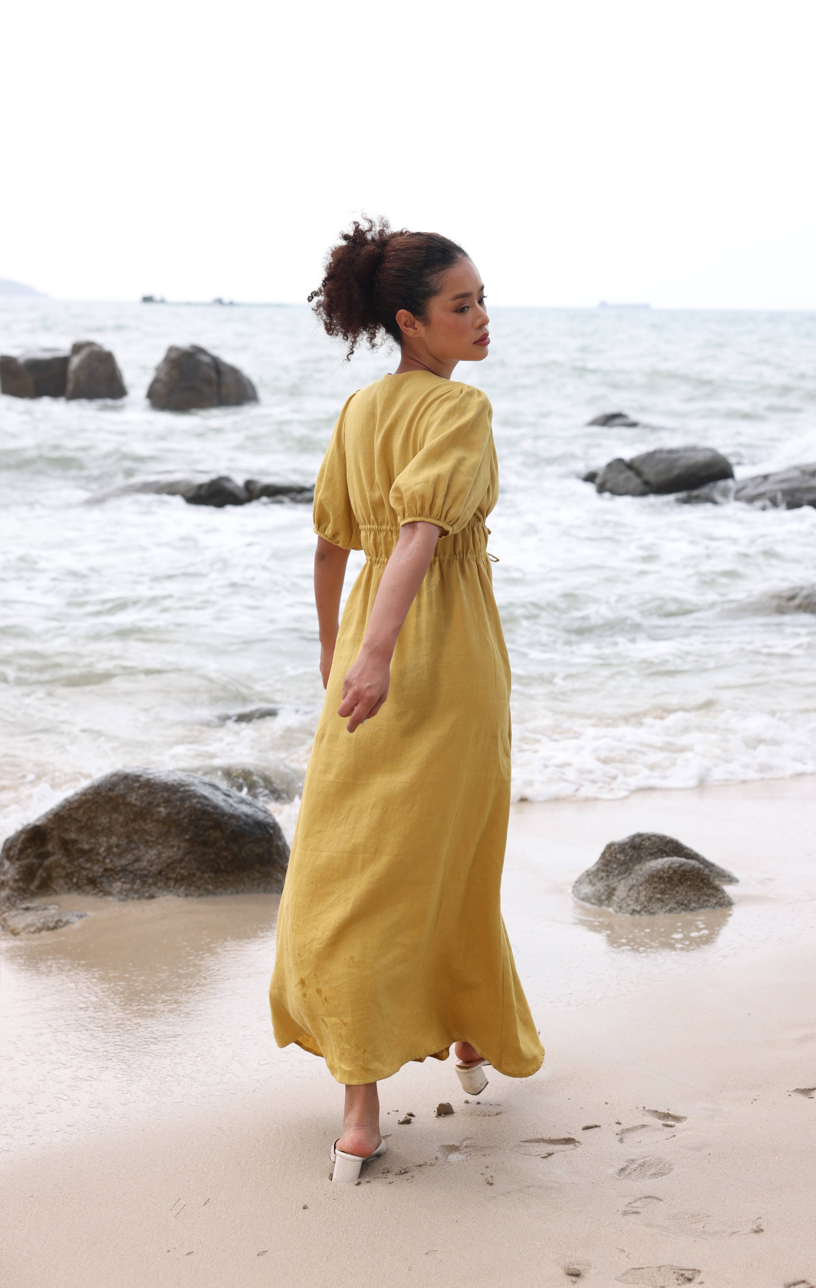 Drawstring linen maxi dress