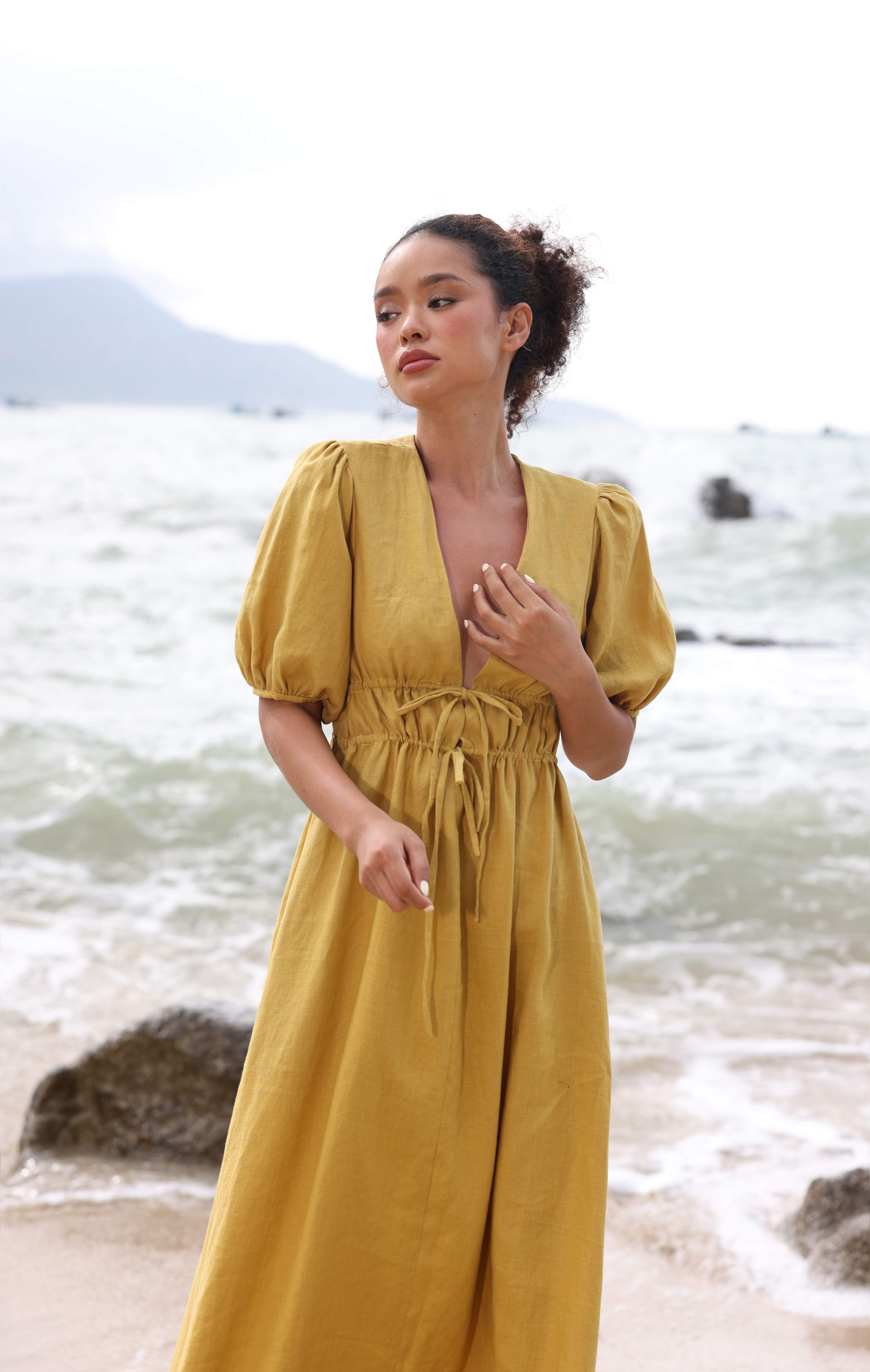 Drawstring linen maxi dress