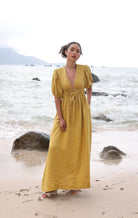 Drawstring linen maxi dress
