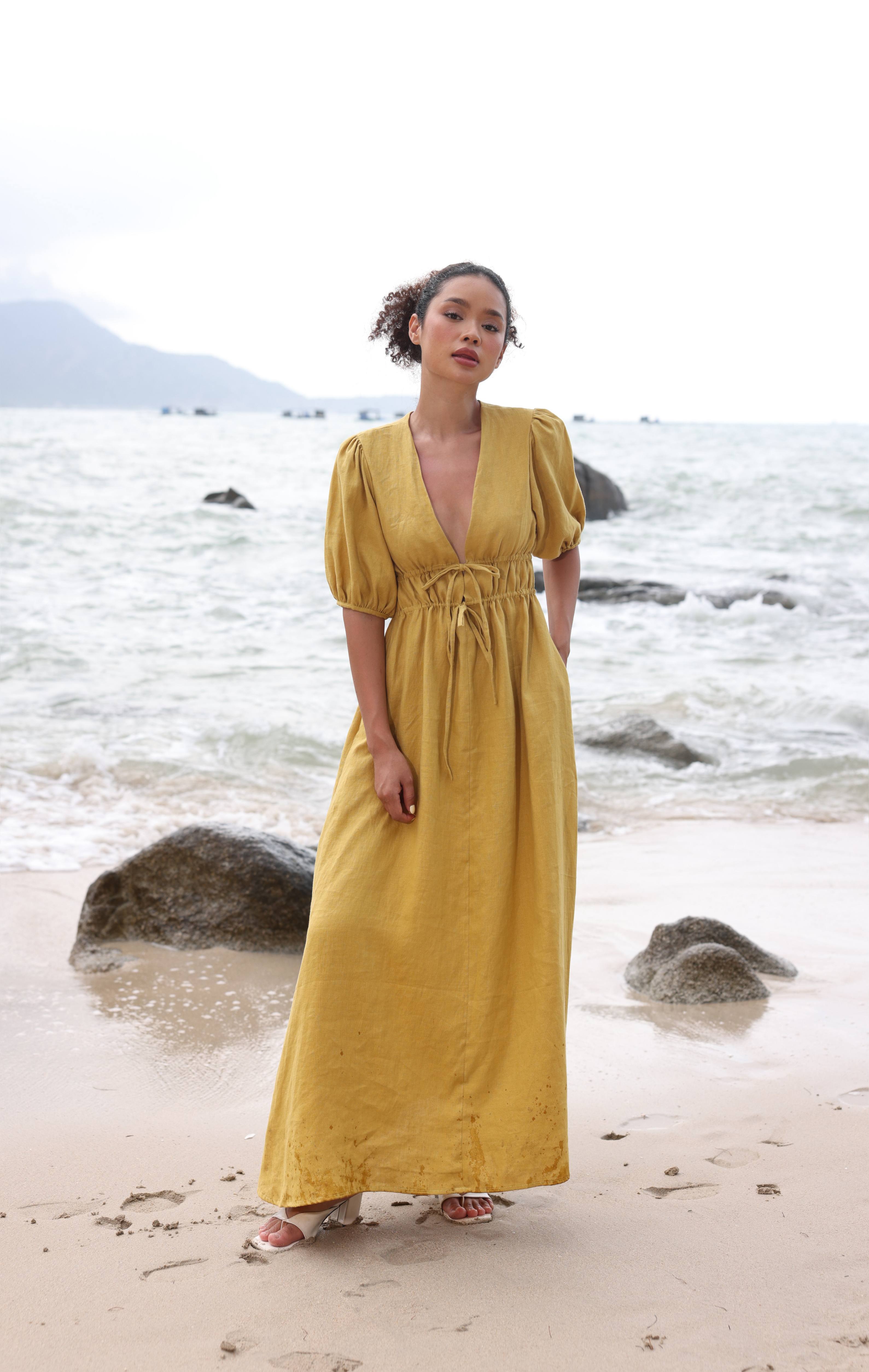 Drawstring linen maxi dress