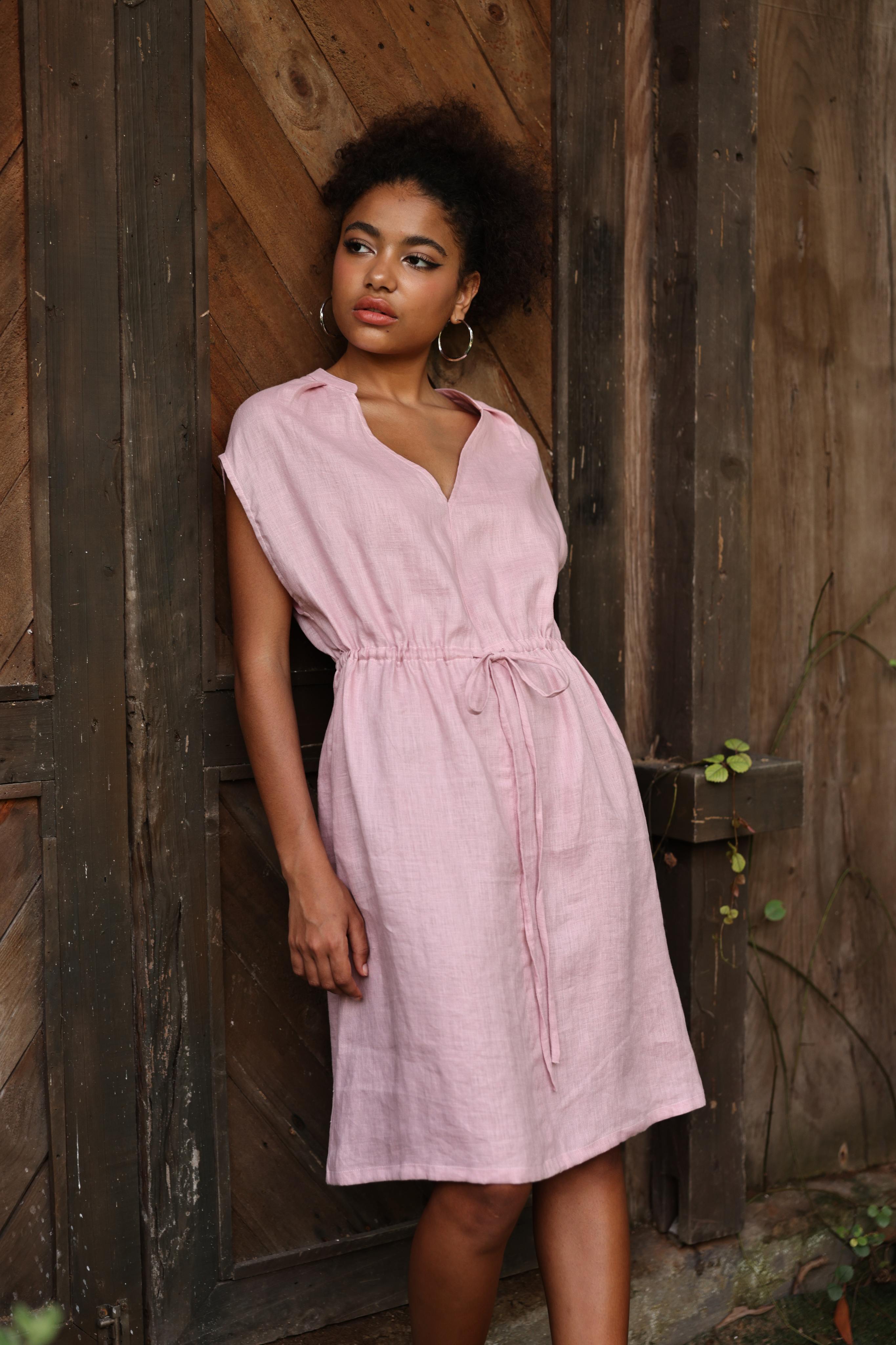 Drawstring waist linen dress