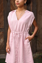Drawstring waist linen dress