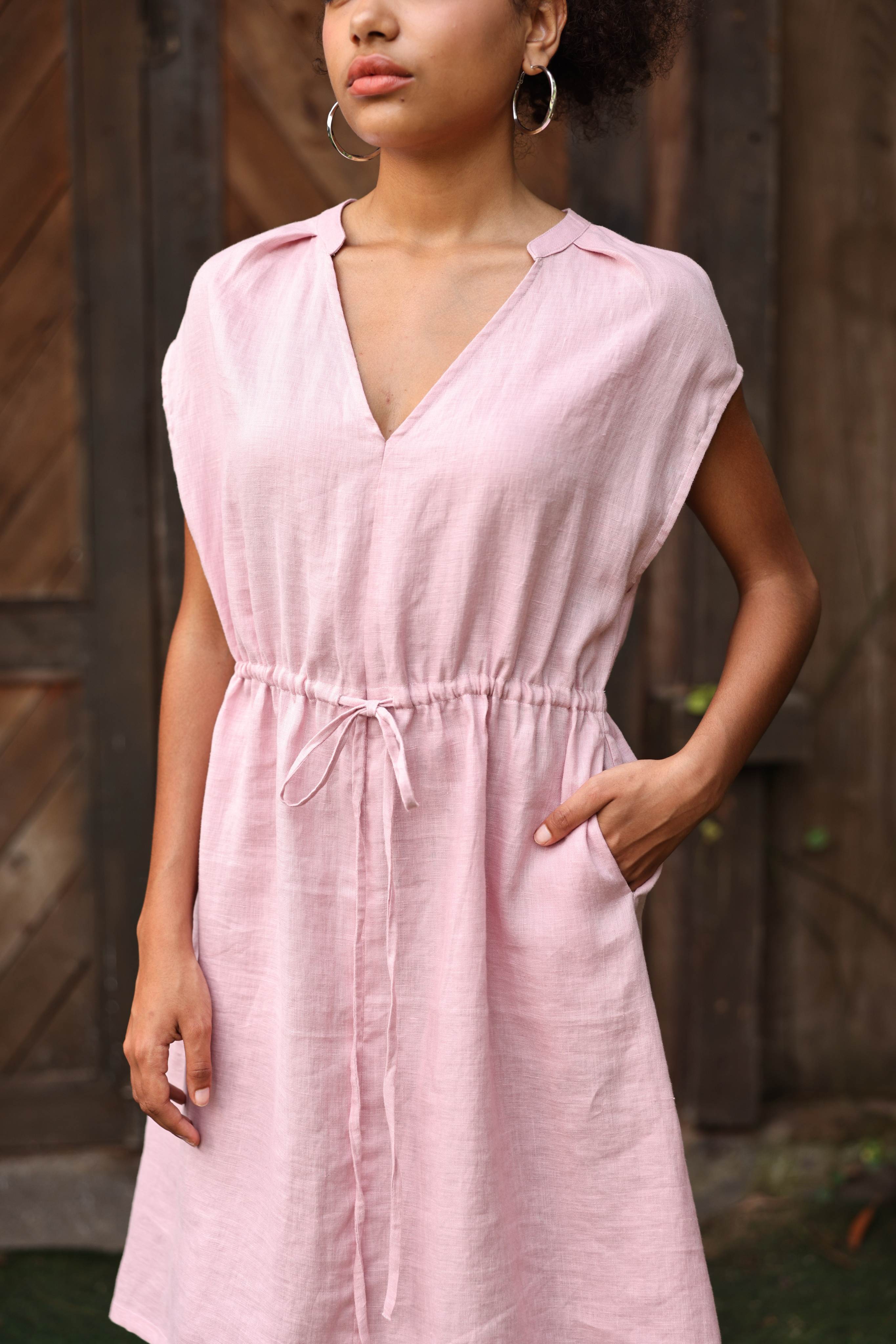 Drawstring waist linen dress