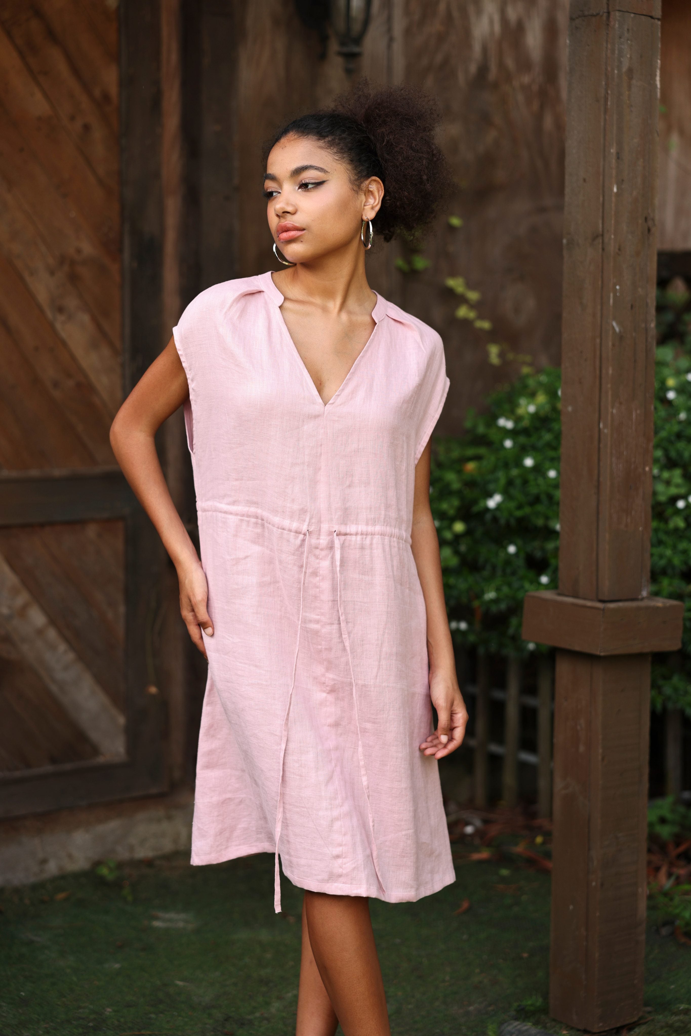 Drawstring waist linen dress