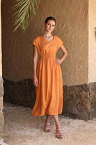 Elastic waist linen midi dress