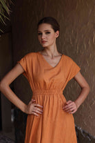 Elastic waist linen midi dress
