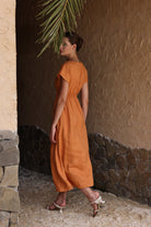 Elastic waist linen midi dress