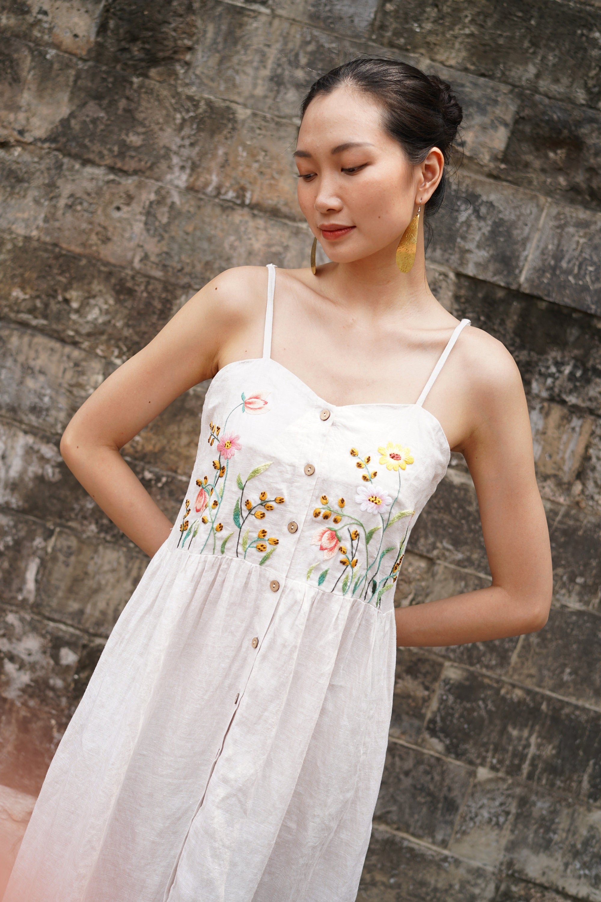 Embroidered button front linen dress