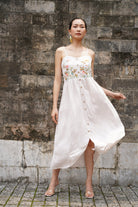 Embroidered button front linen dress