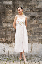 Embroidered button front linen dress