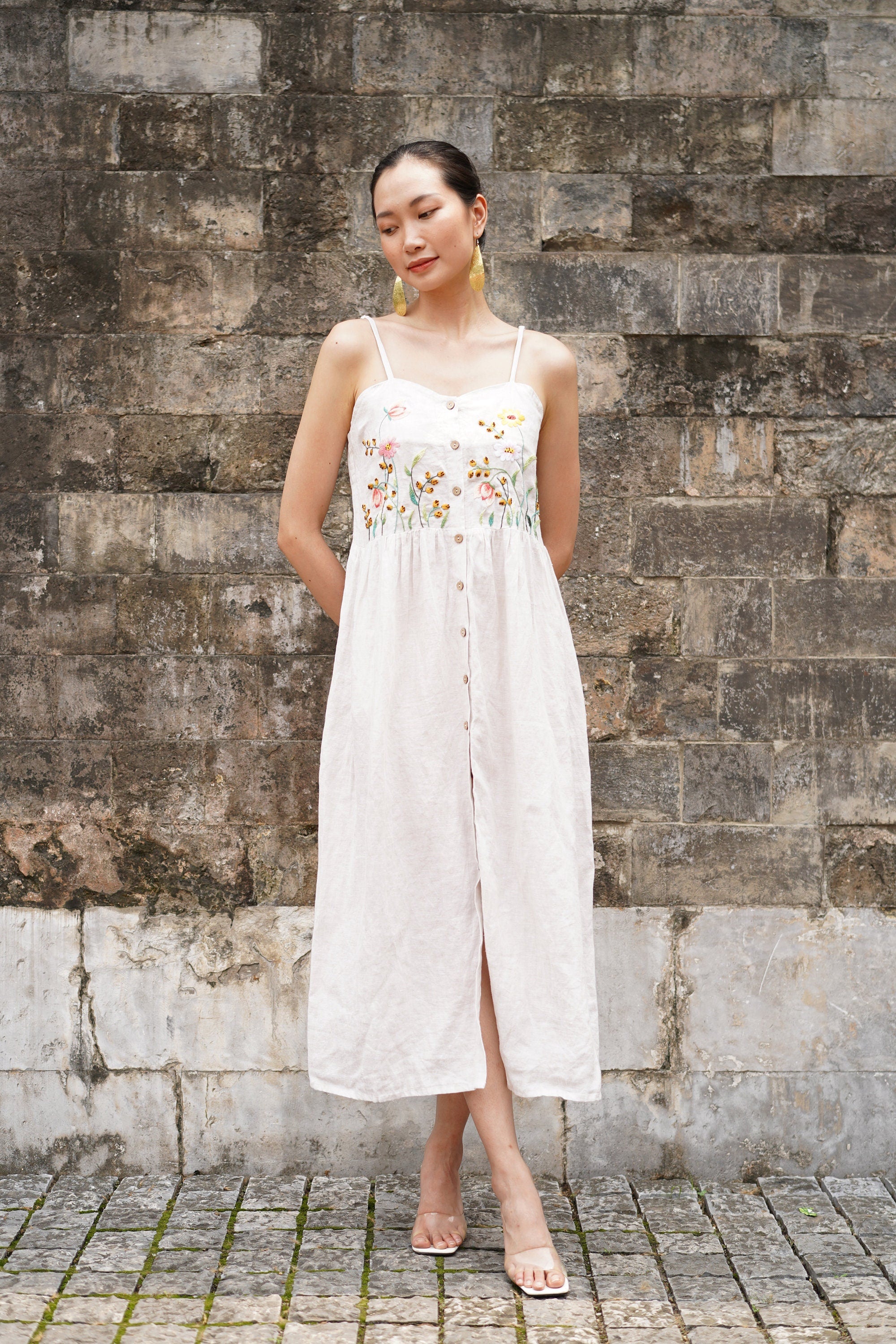 Embroidered button front linen dress