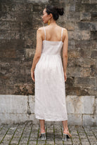 Embroidered button front linen dress