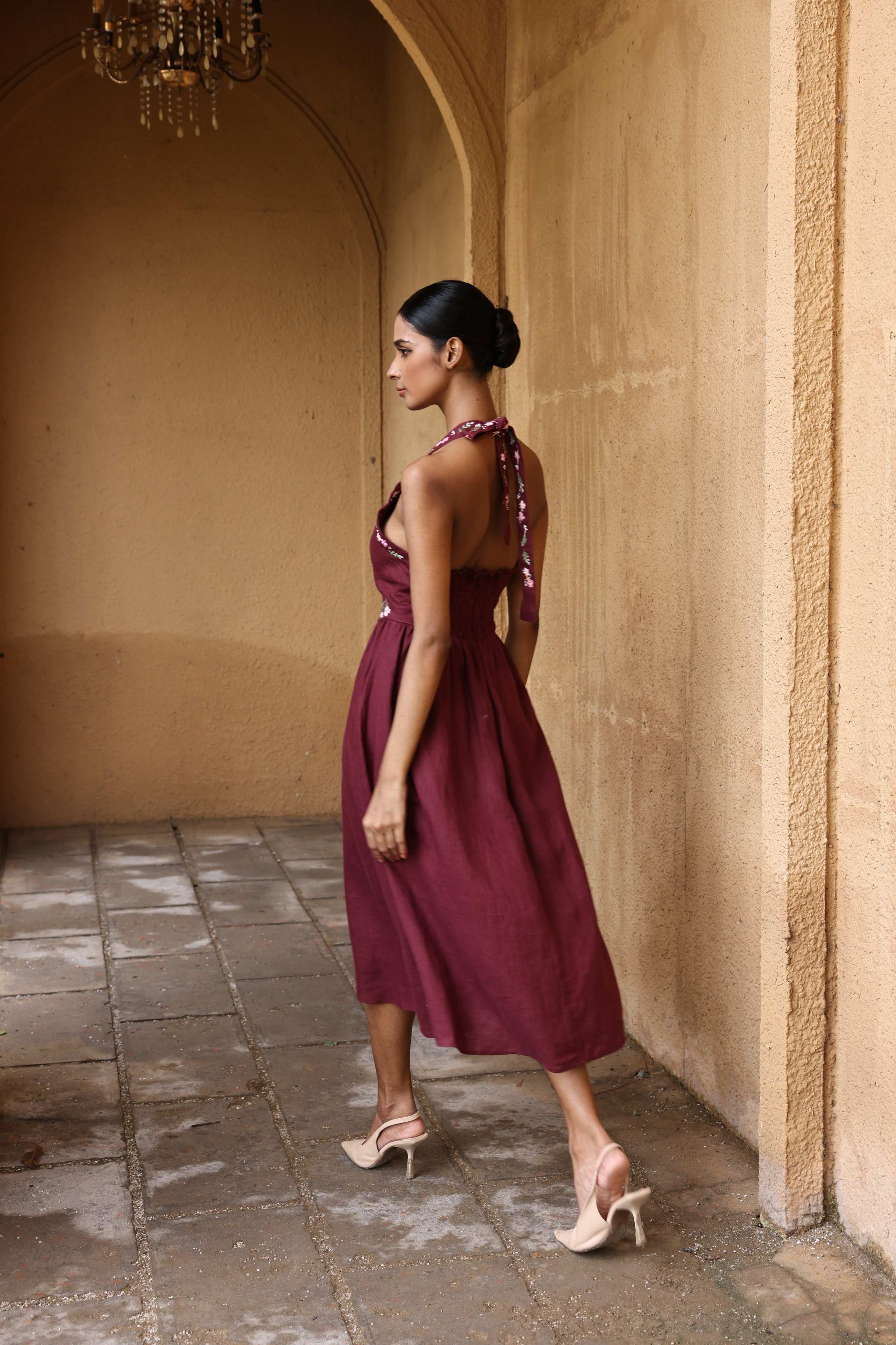 Embroidered linen halter dress VELINA