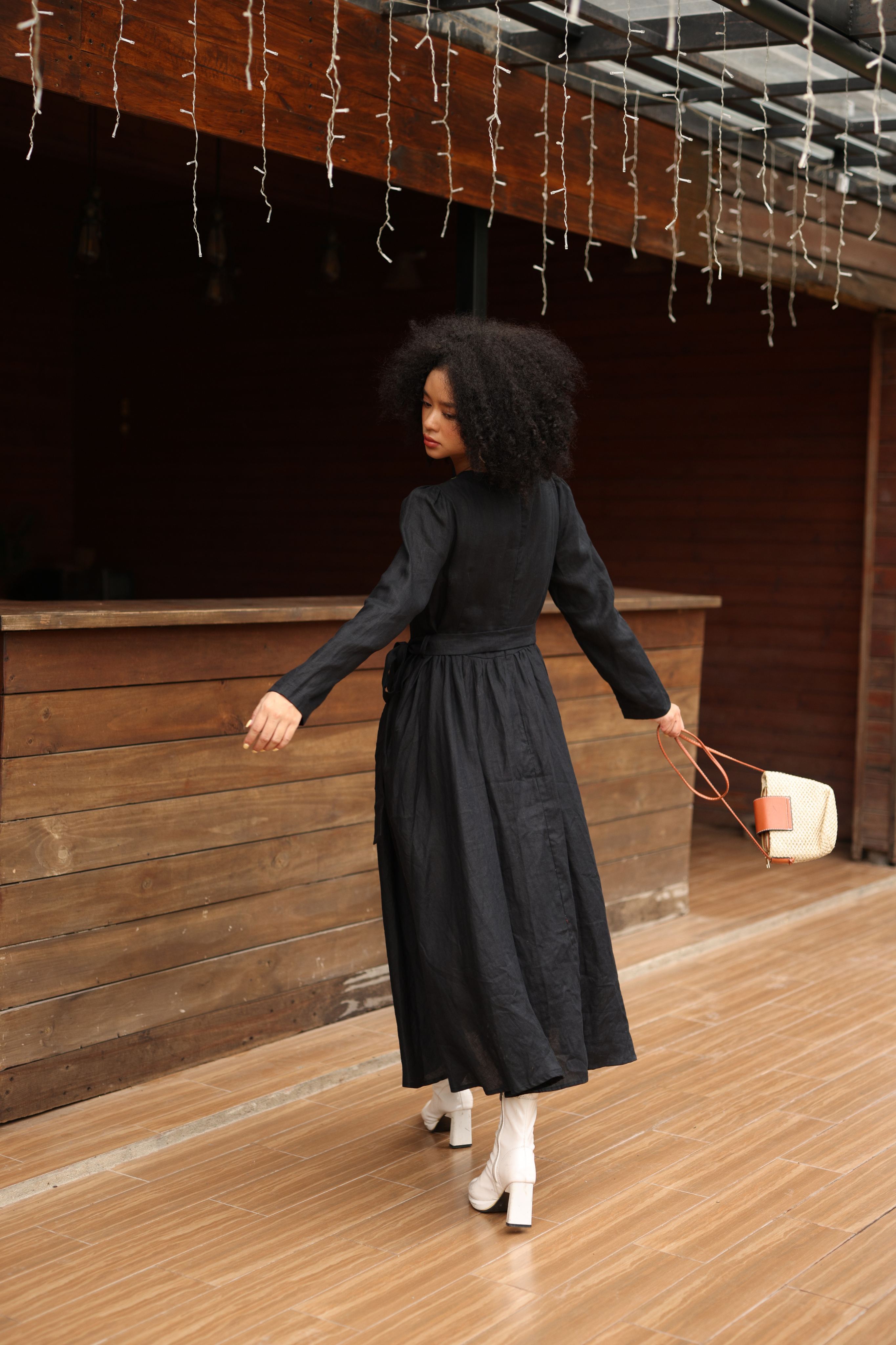 Hand-embroidered linen long sleeve dress