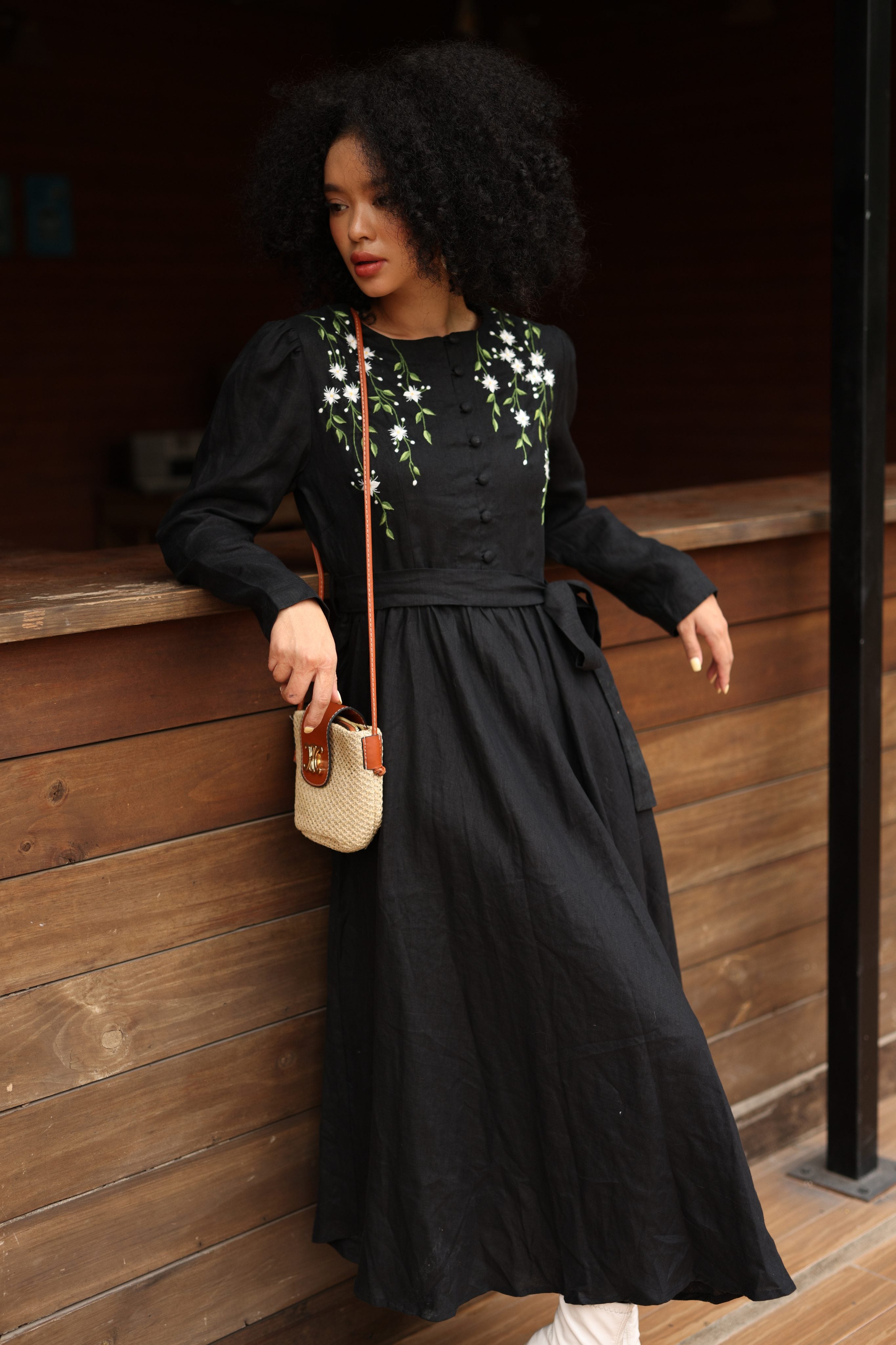 Hand-embroidered linen long sleeve dress