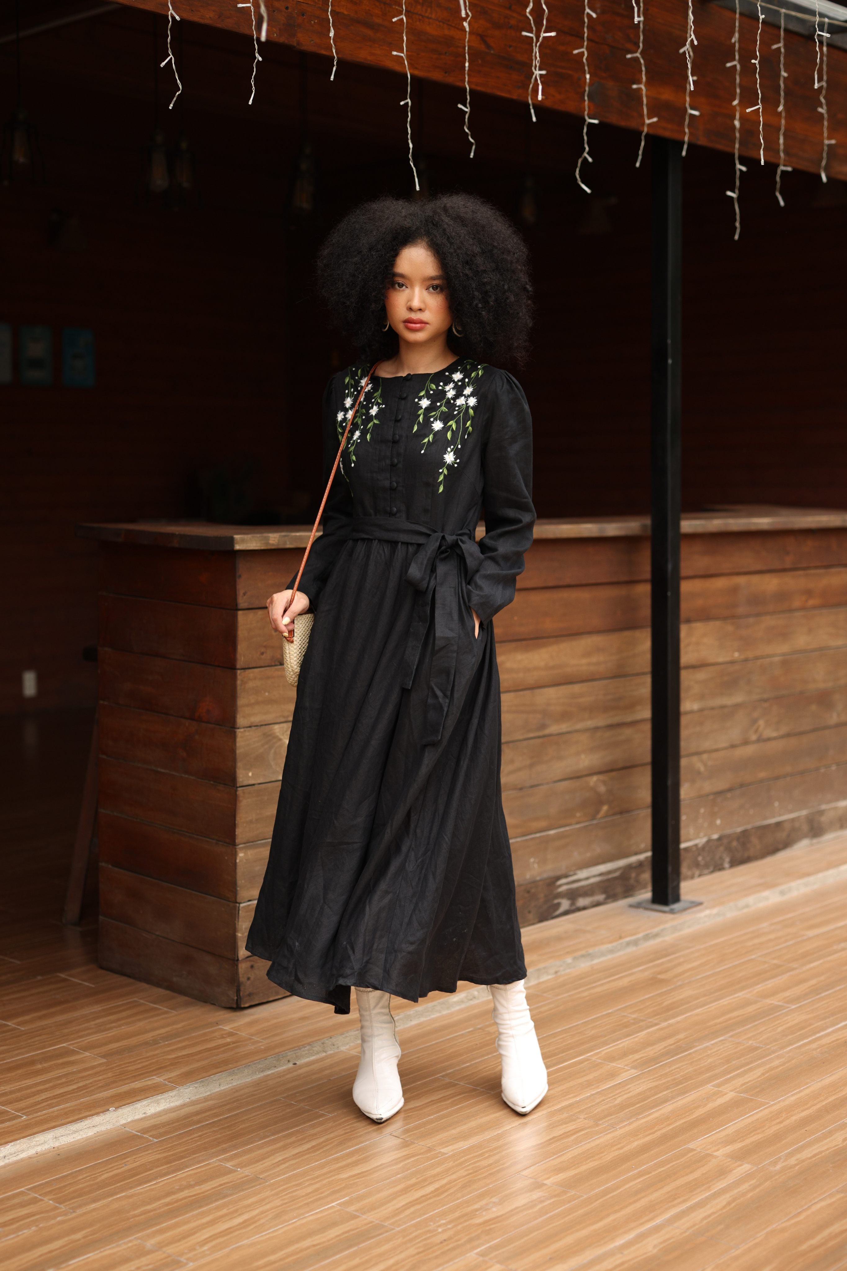 Hand-embroidered linen long sleeve dress