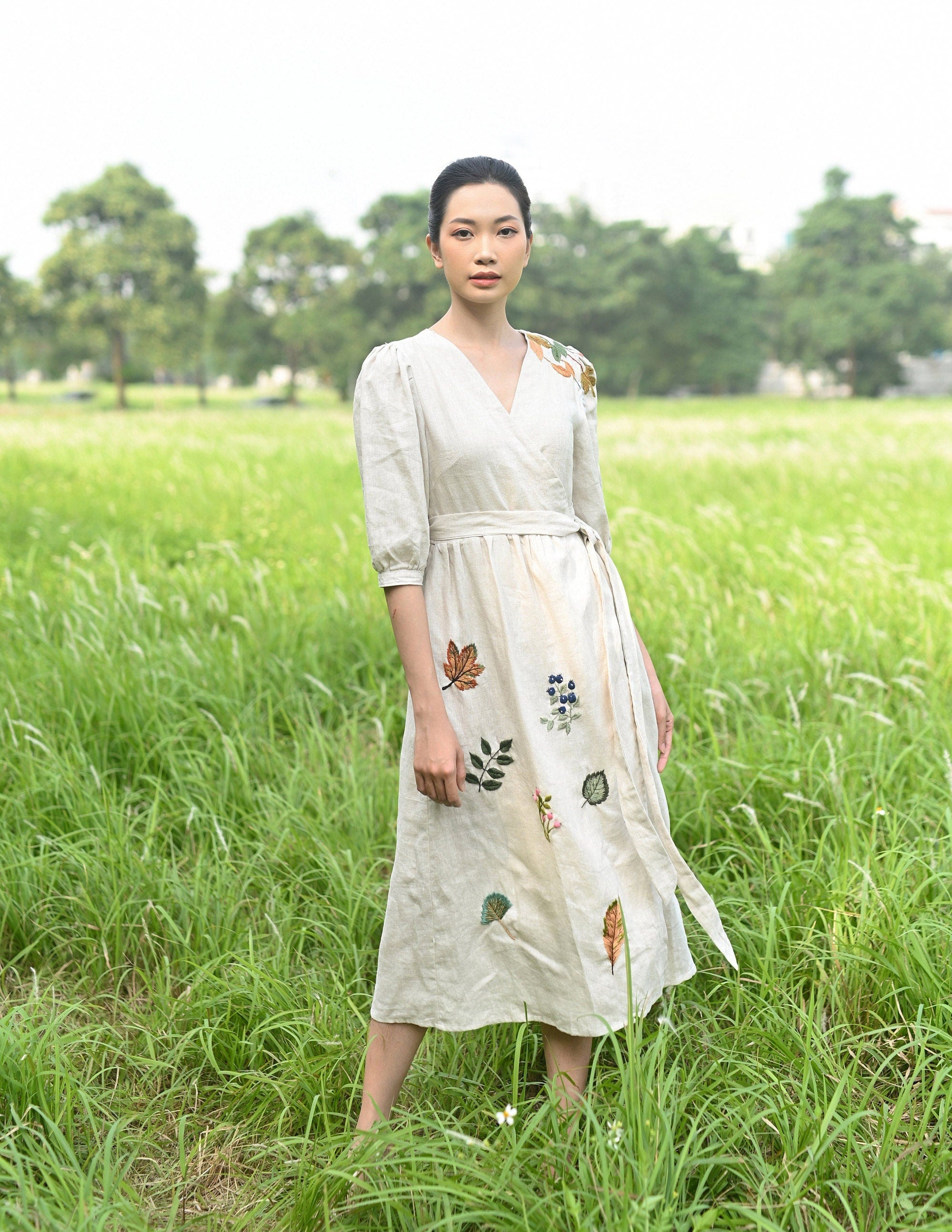 Embroidered wrap linen dress