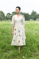 Embroidered wrap linen dress