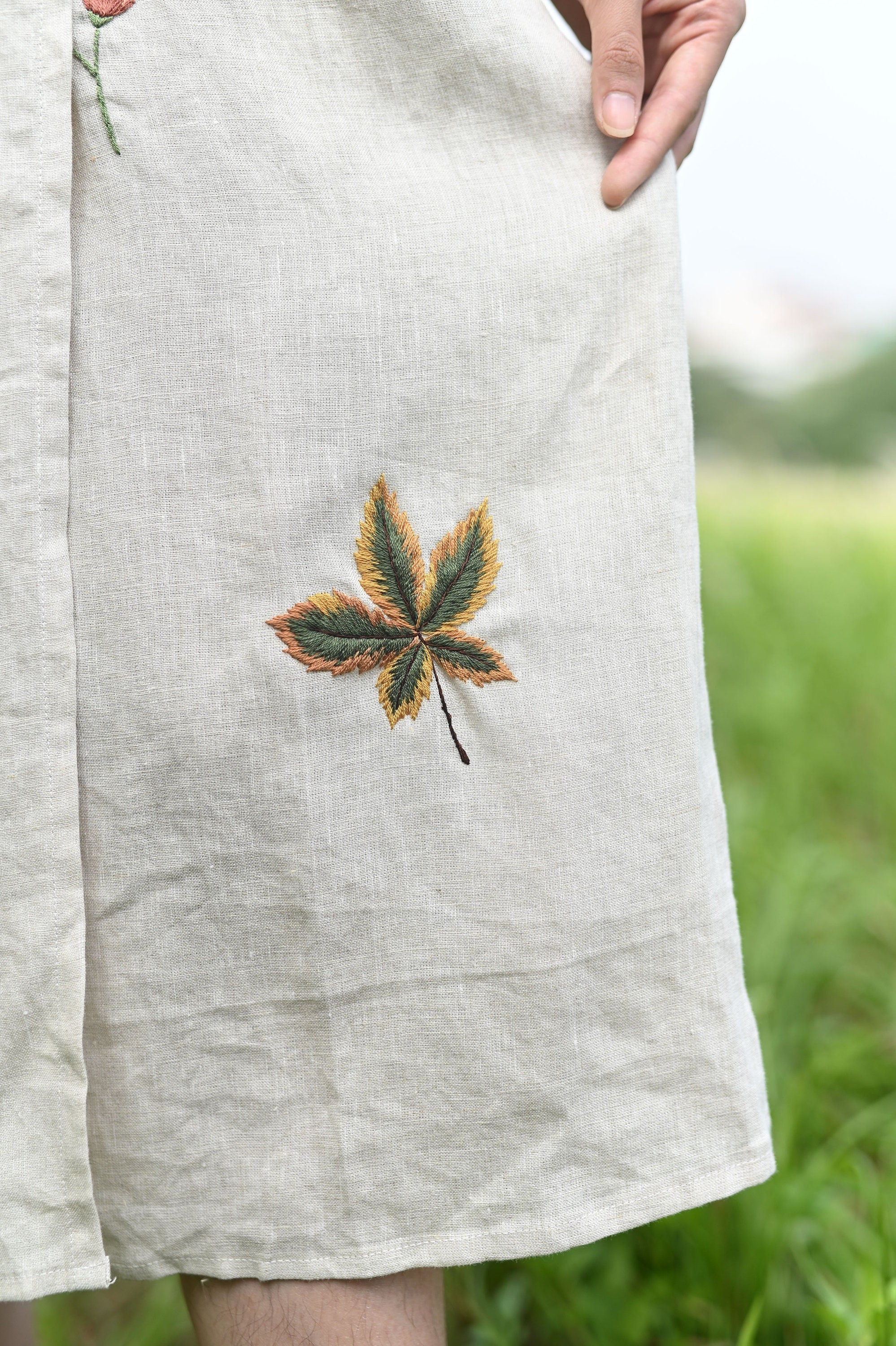 Embroidered wrap linen dress
