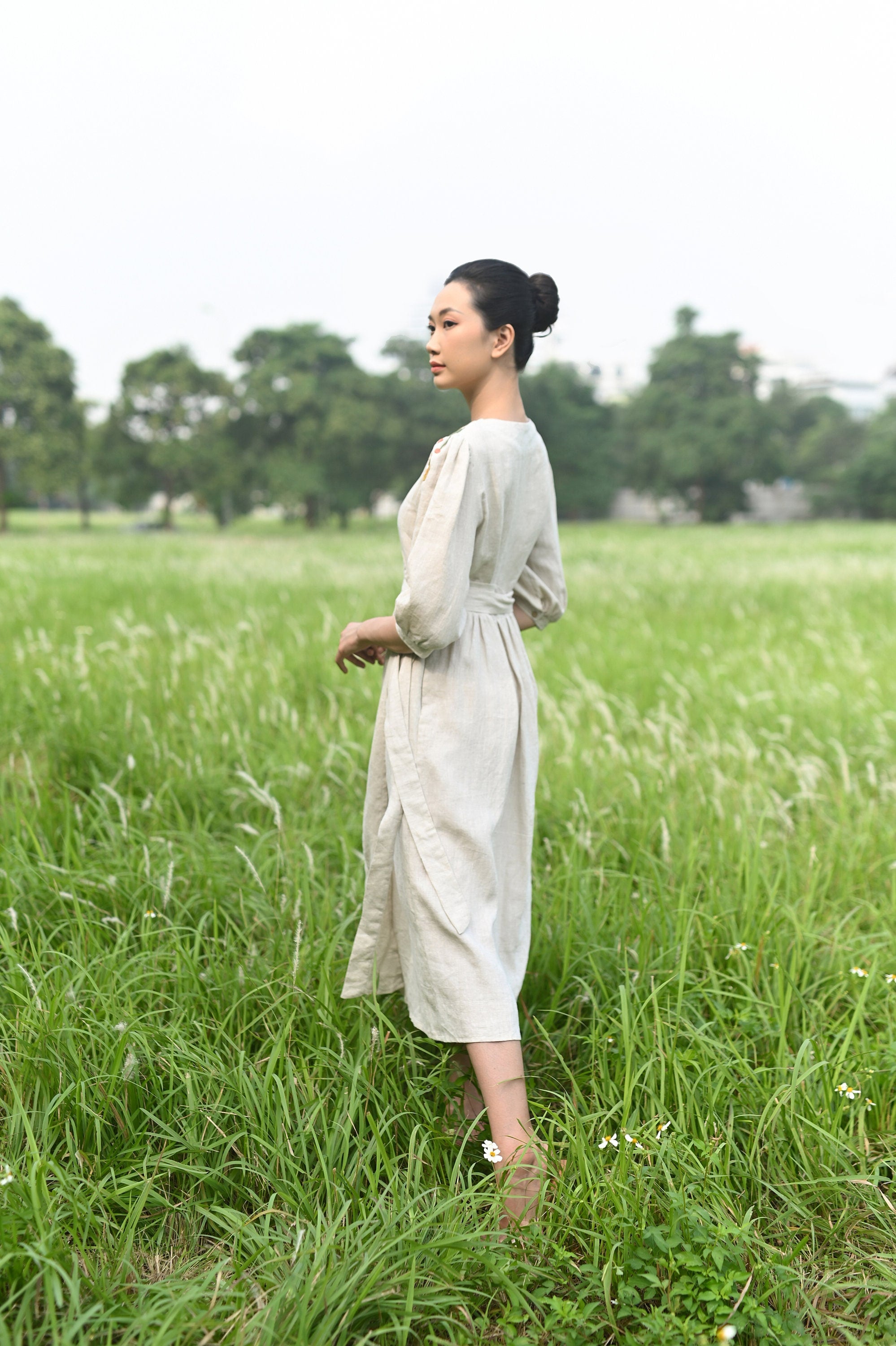 Embroidered wrap linen dress