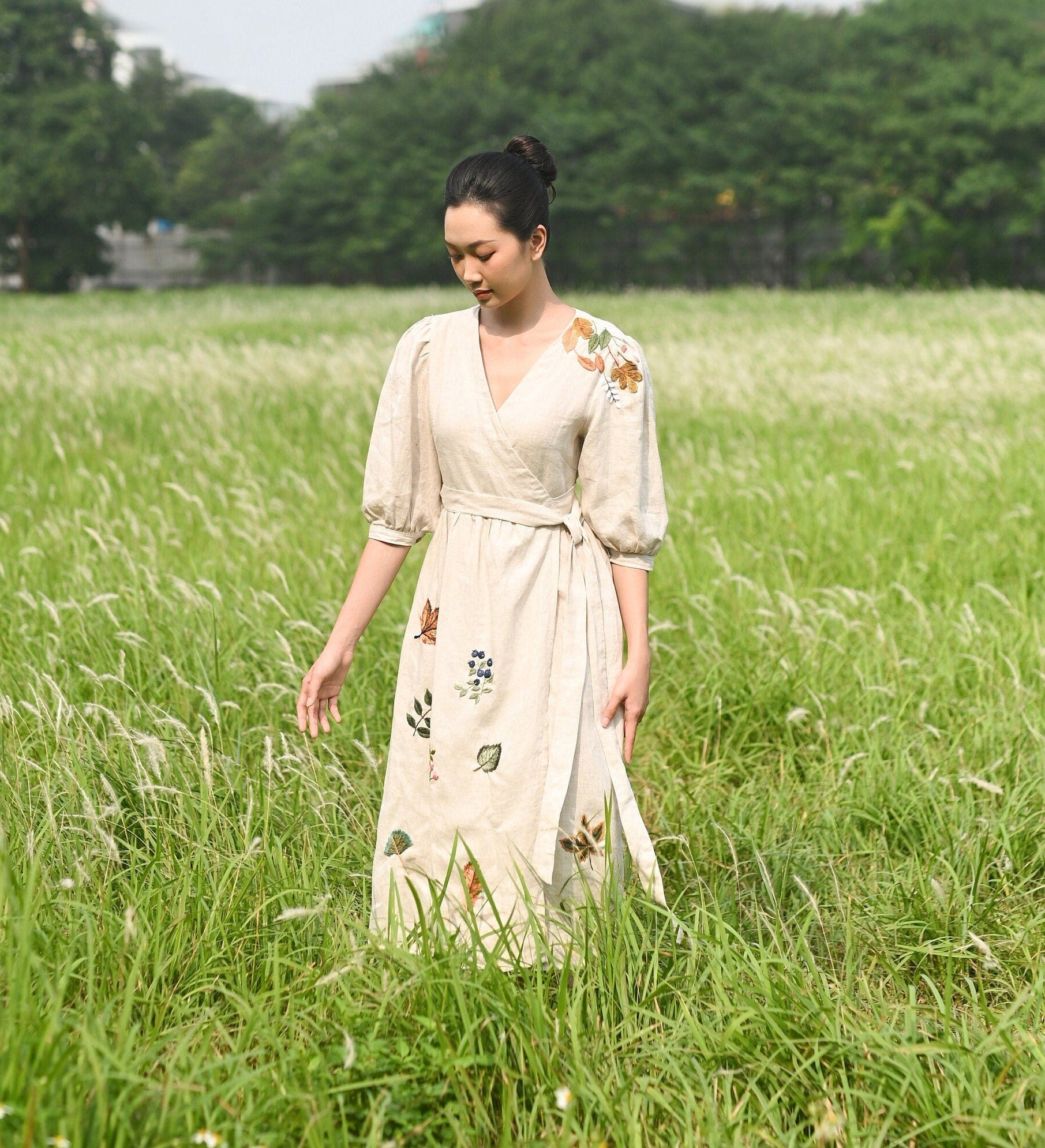 Embroidered wrap linen dress