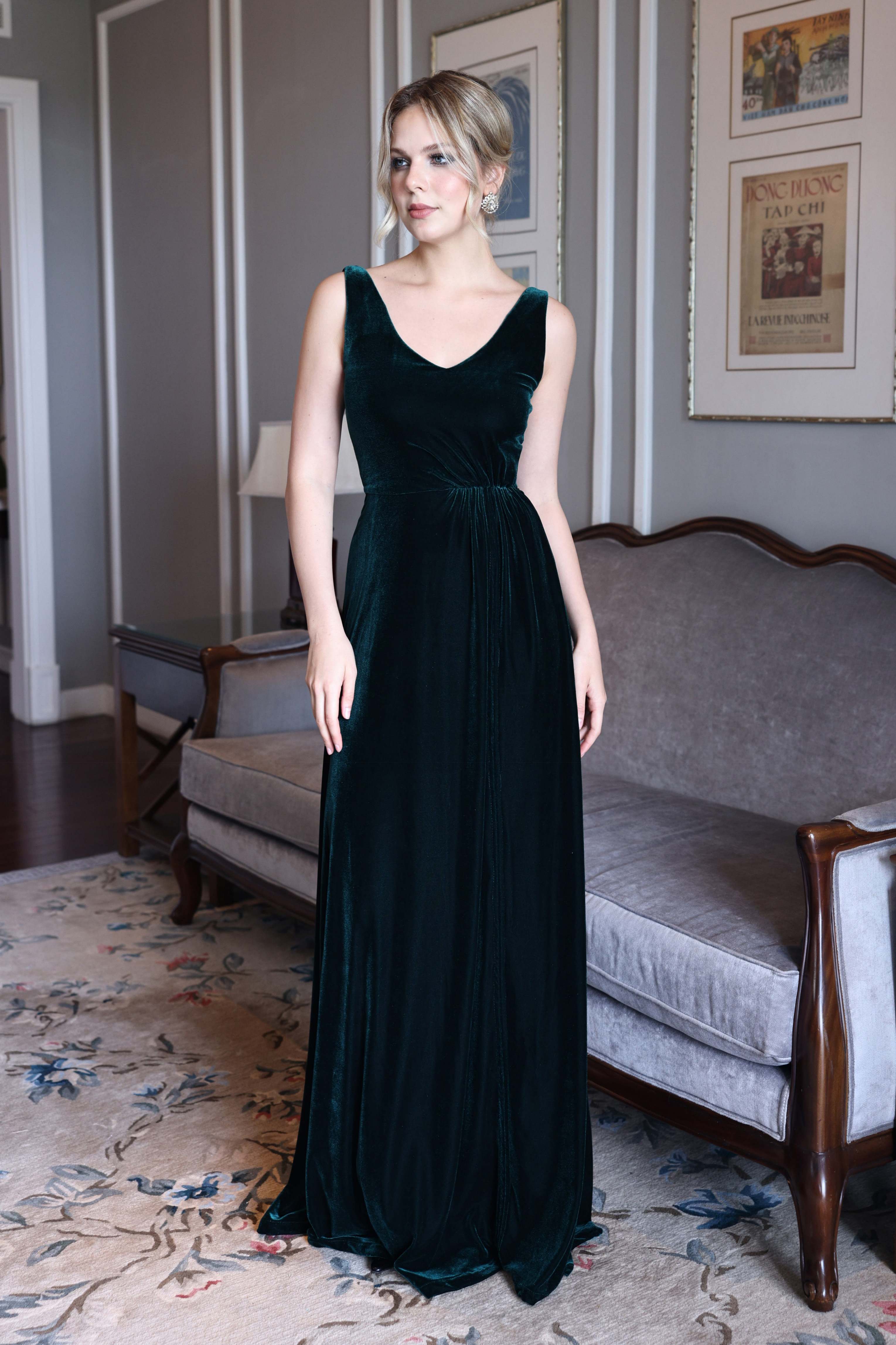 Emerald green velvet evening gown