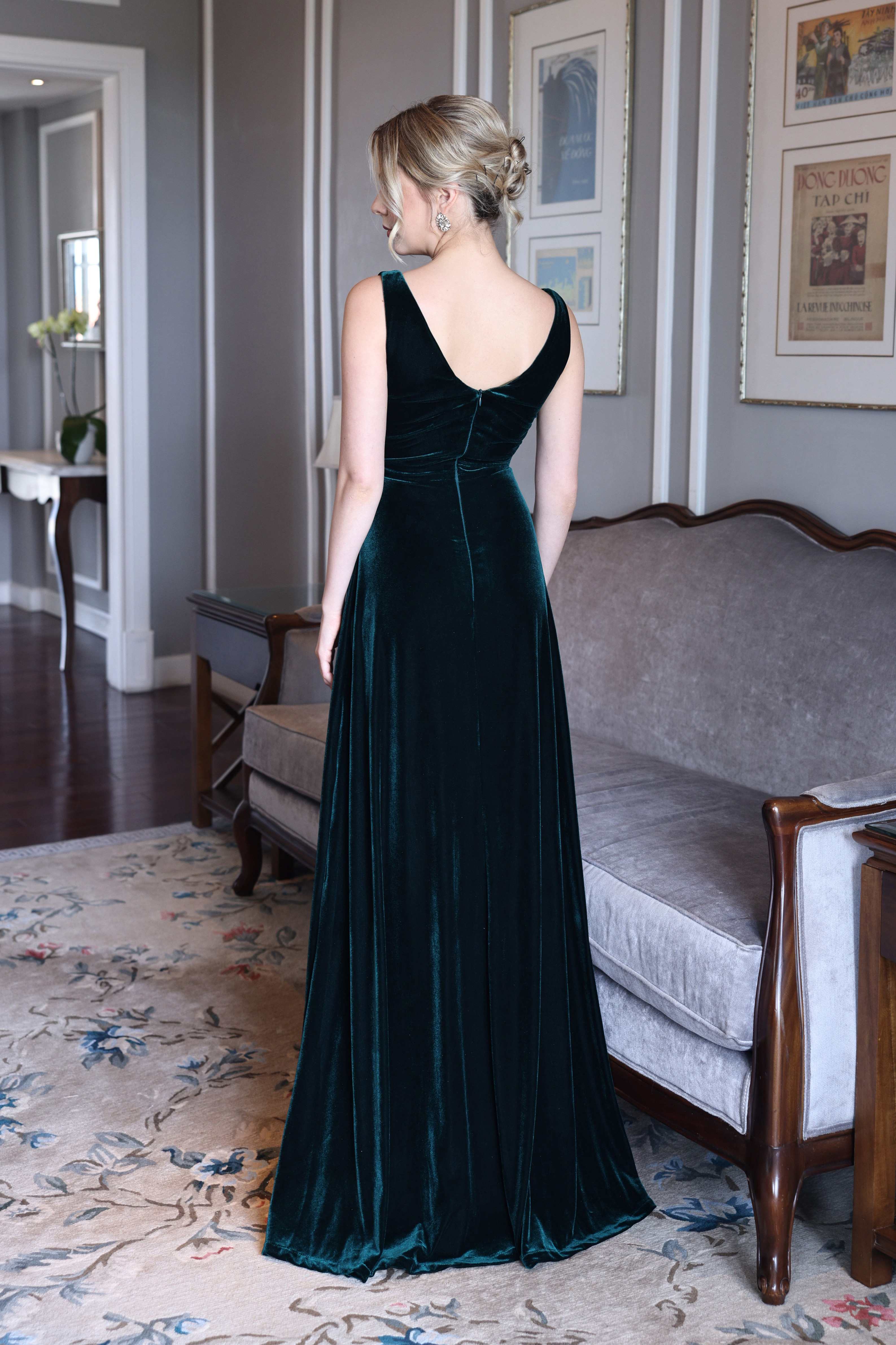 Emerald green velvet evening gown