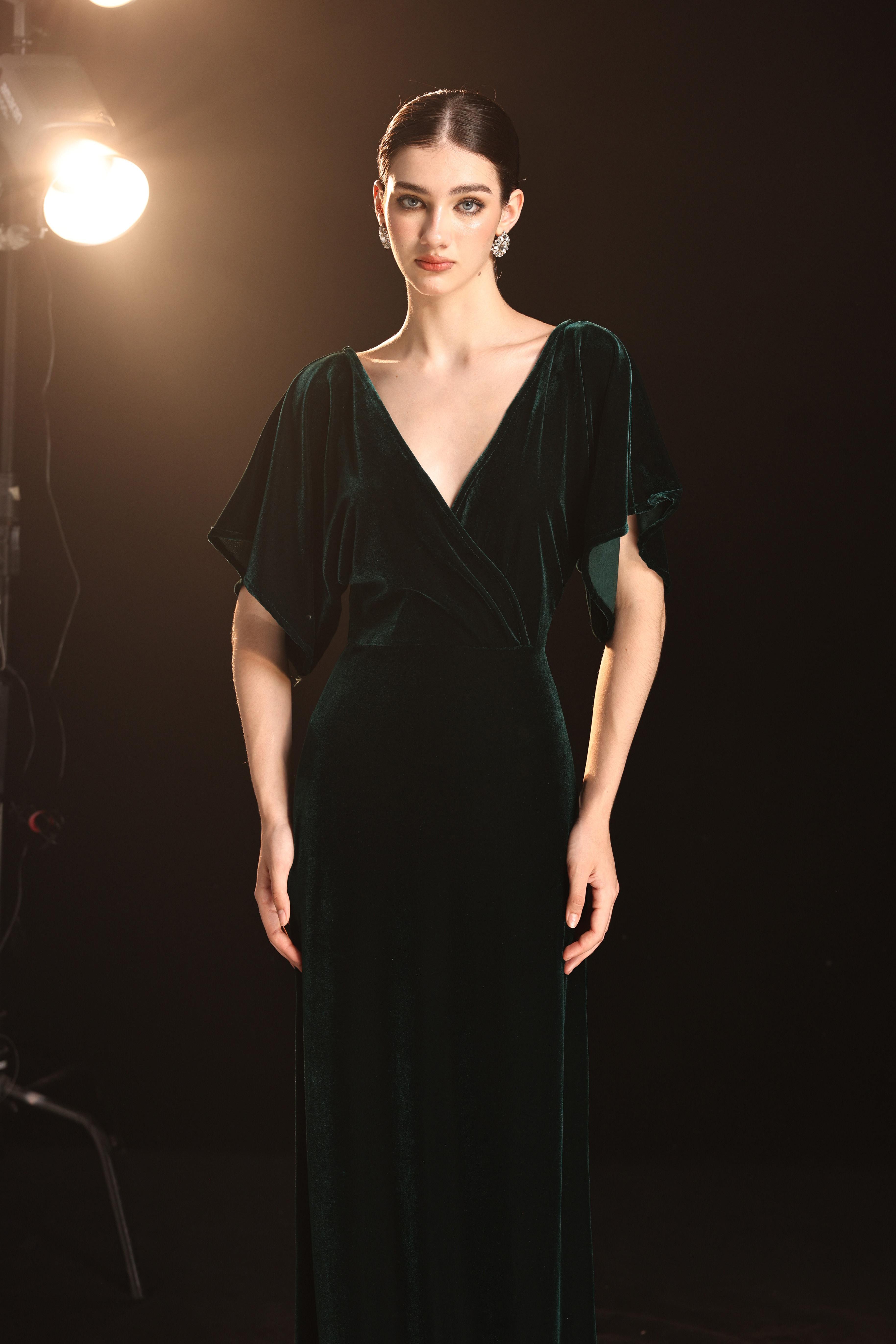 Emerald velvet bridesmaid gown