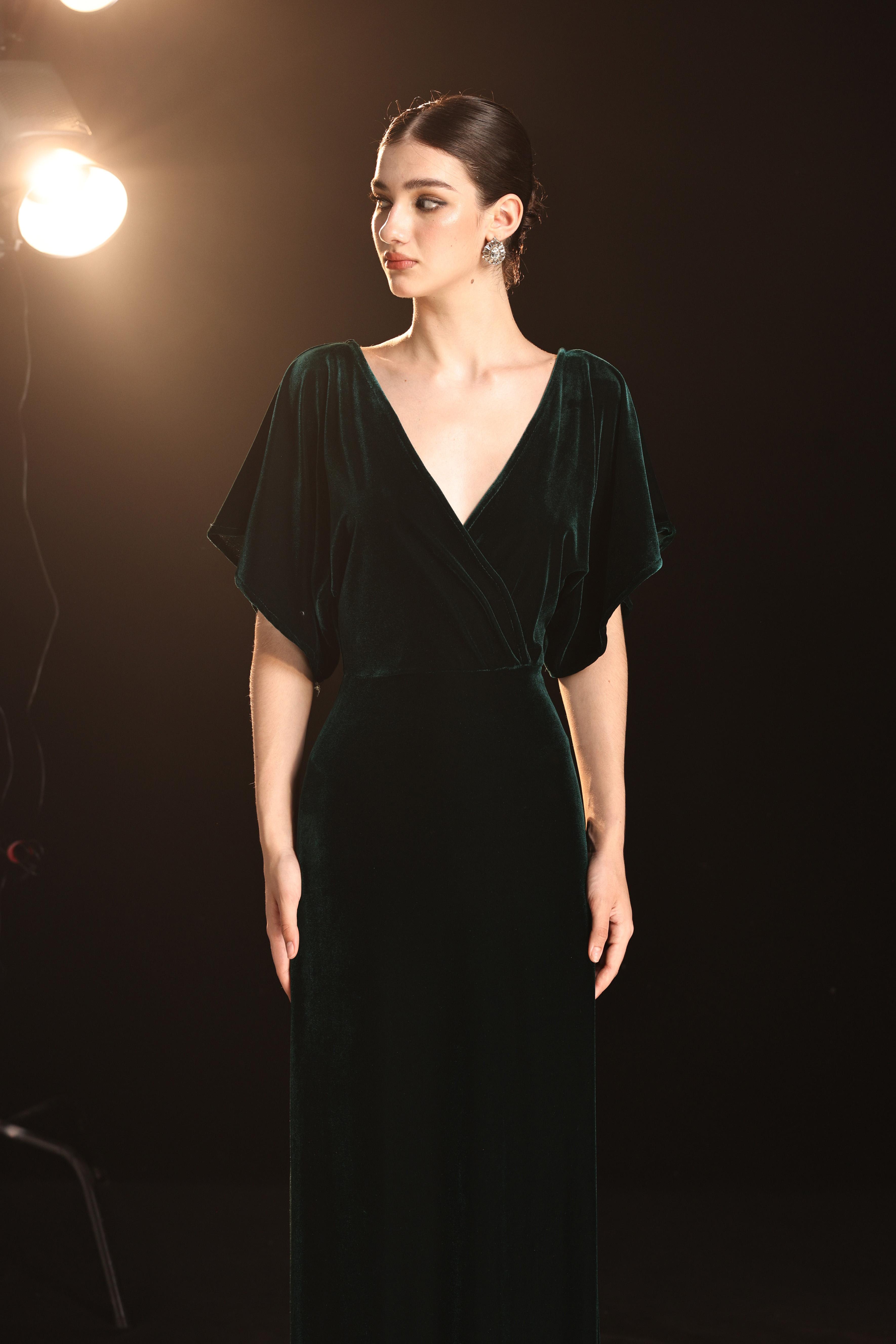 Emerald velvet bridesmaid gown