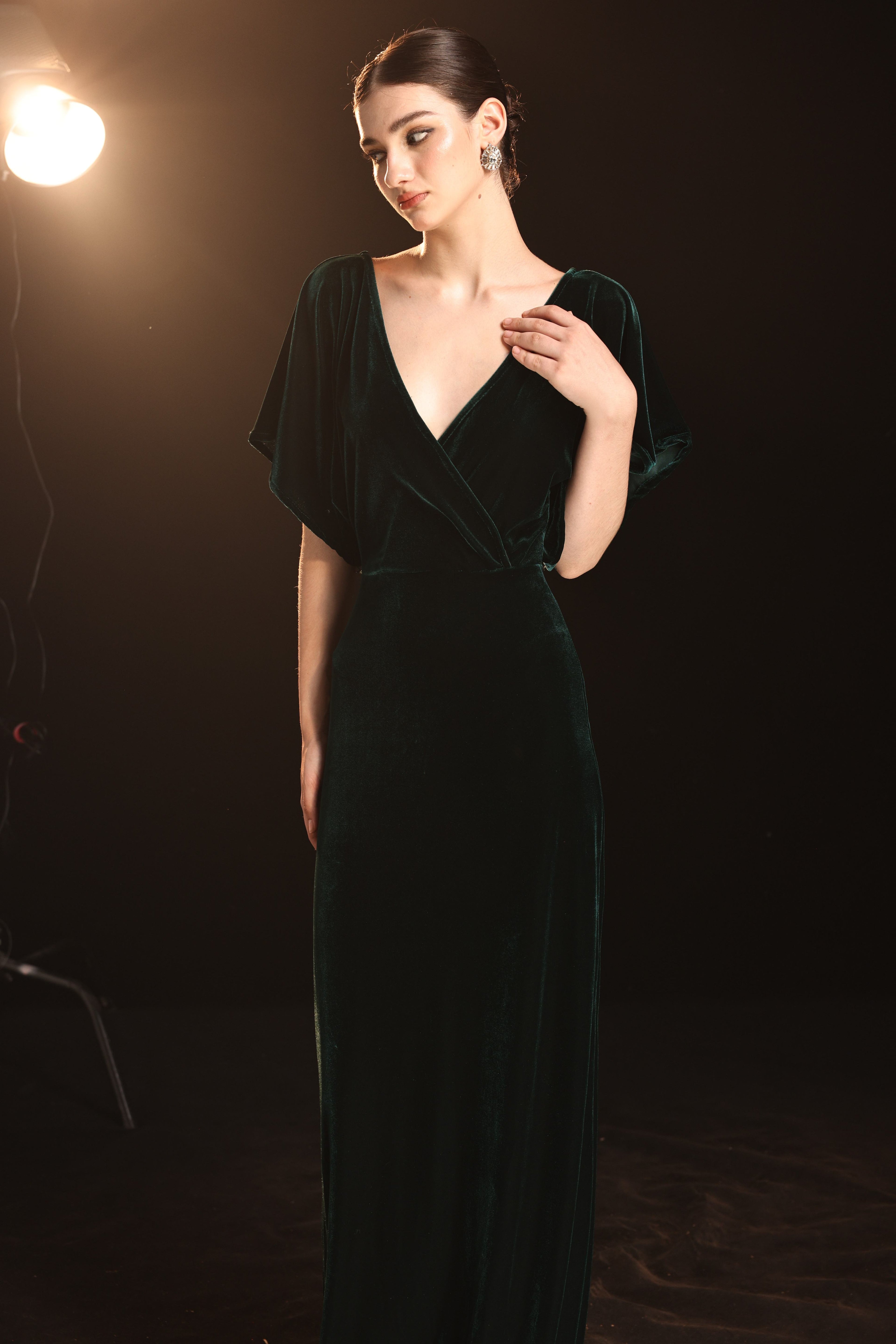 Emerald velvet bridesmaid gown