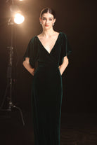 Emerald velvet bridesmaid gown