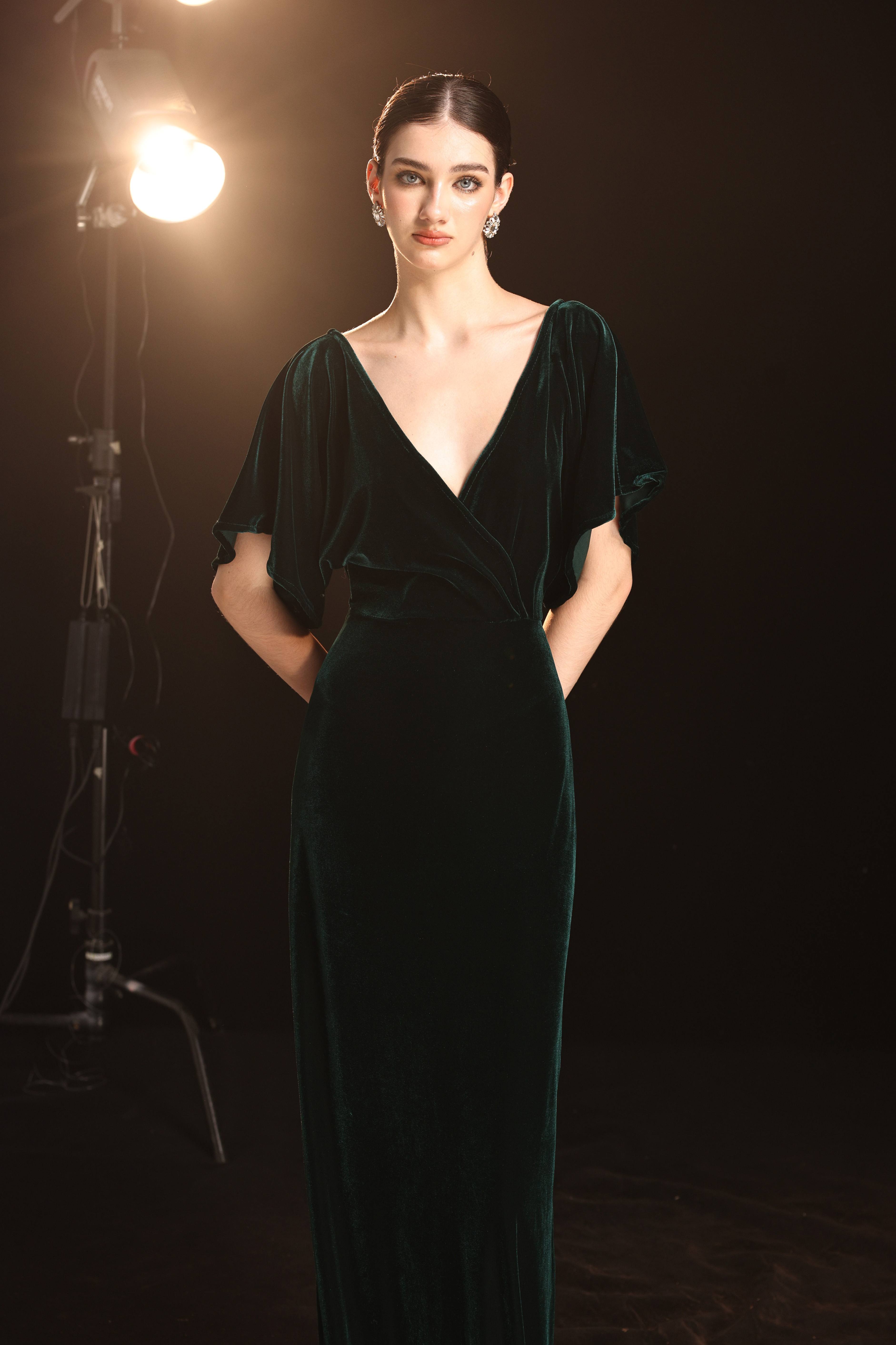 Emerald velvet bridesmaid gown