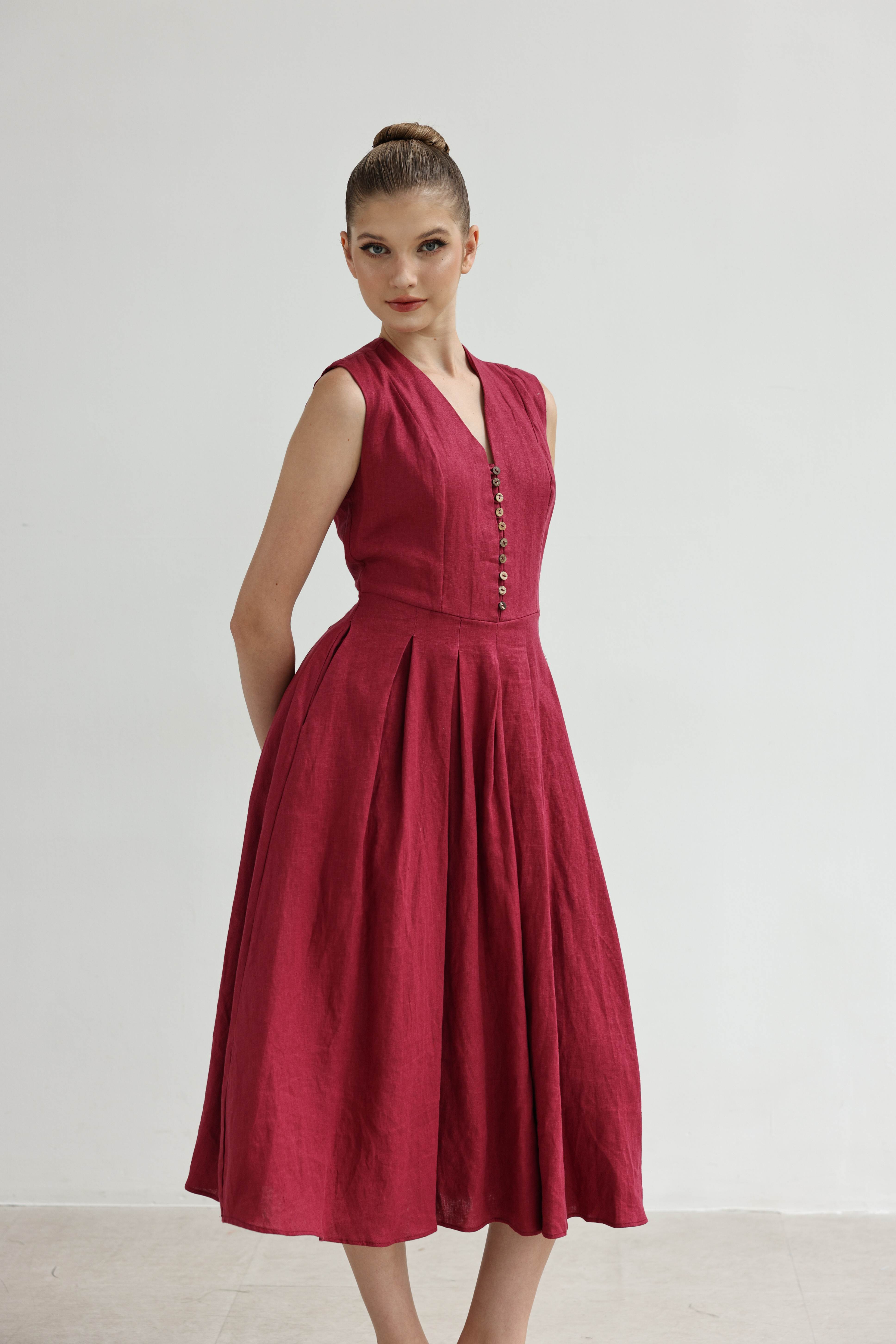 Flared linen midi dress