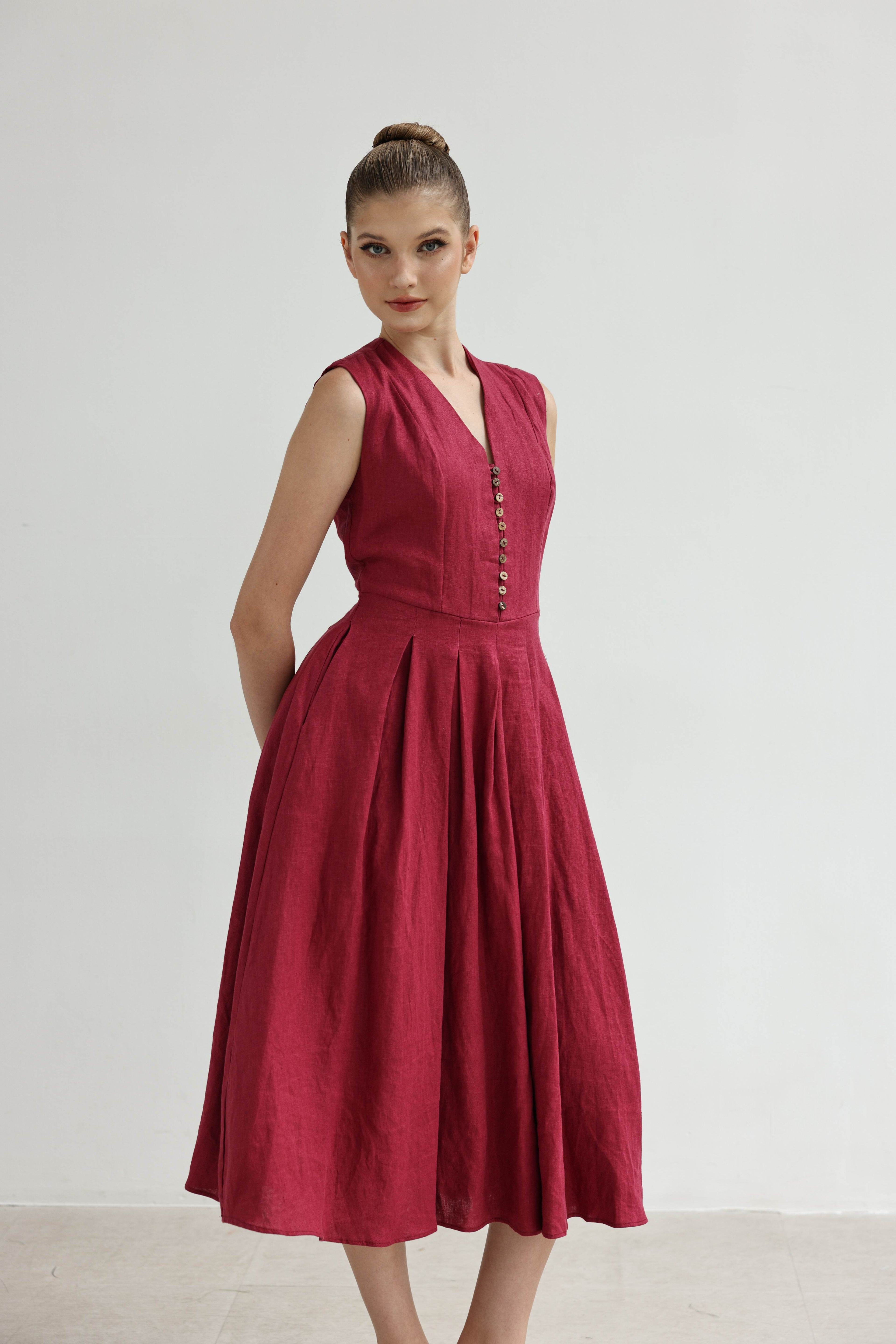 Flared linen midi dress