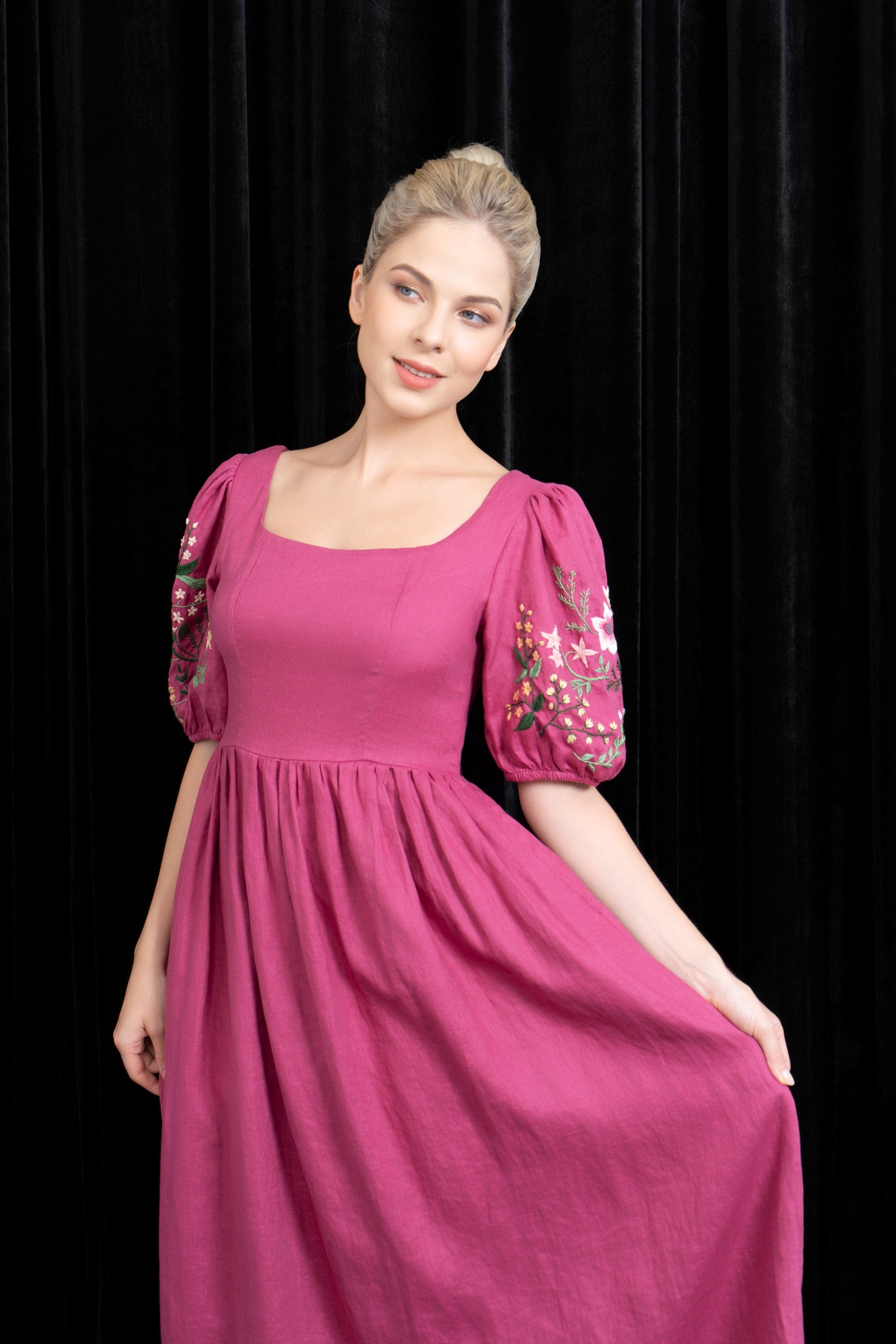 Floral embroidered linen dress