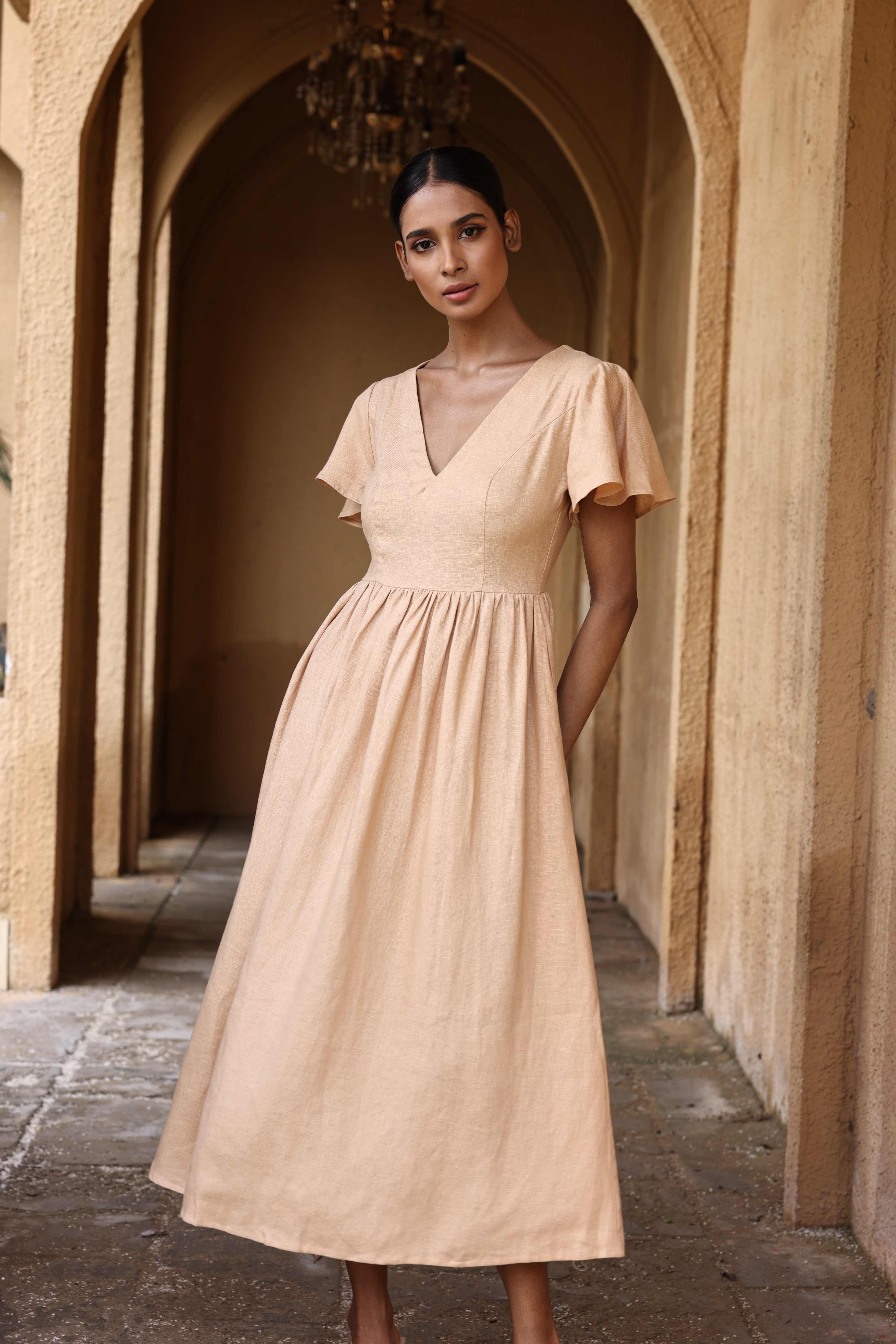 Linen flutter sleeve midi dress
