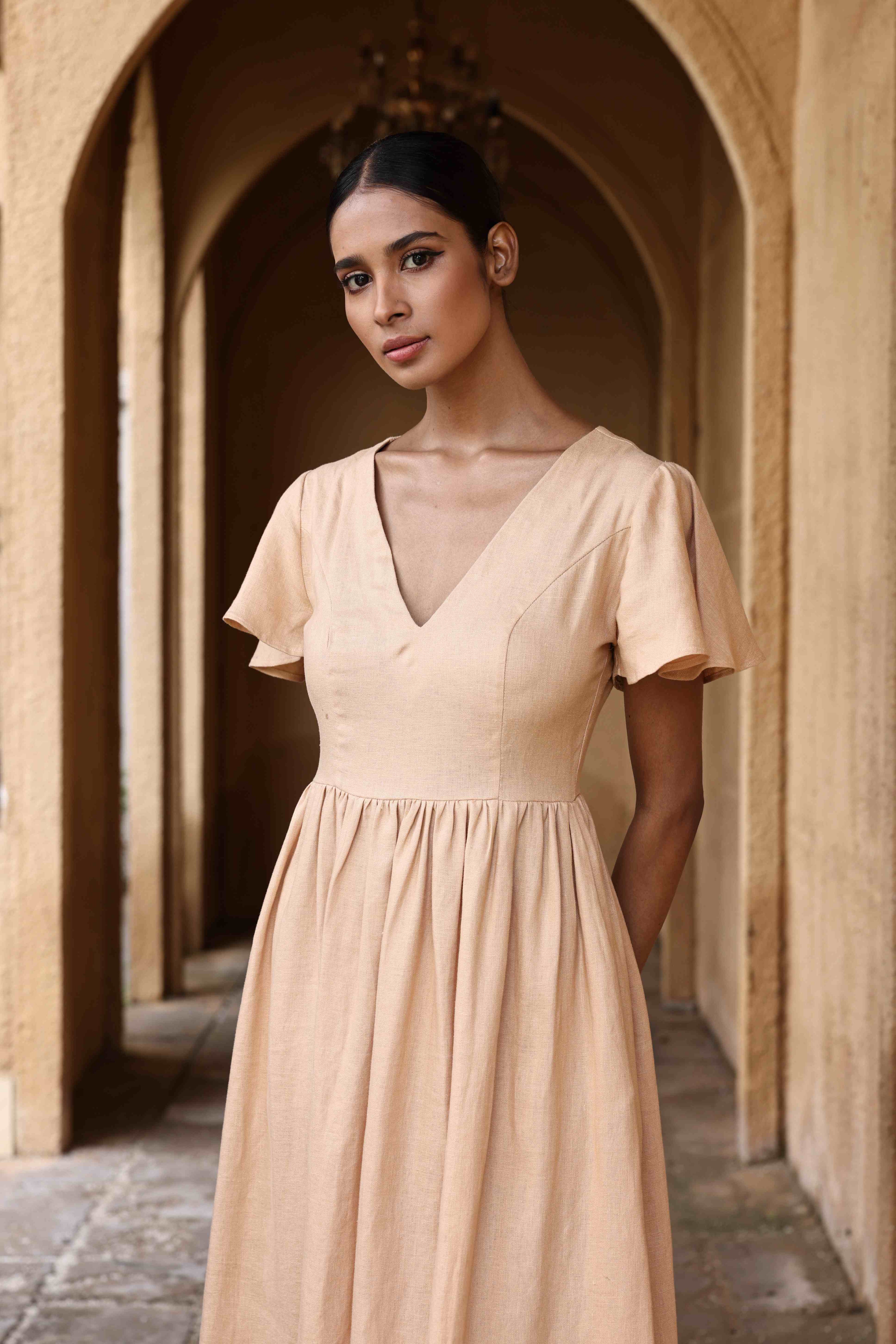 Linen flutter sleeve midi dress