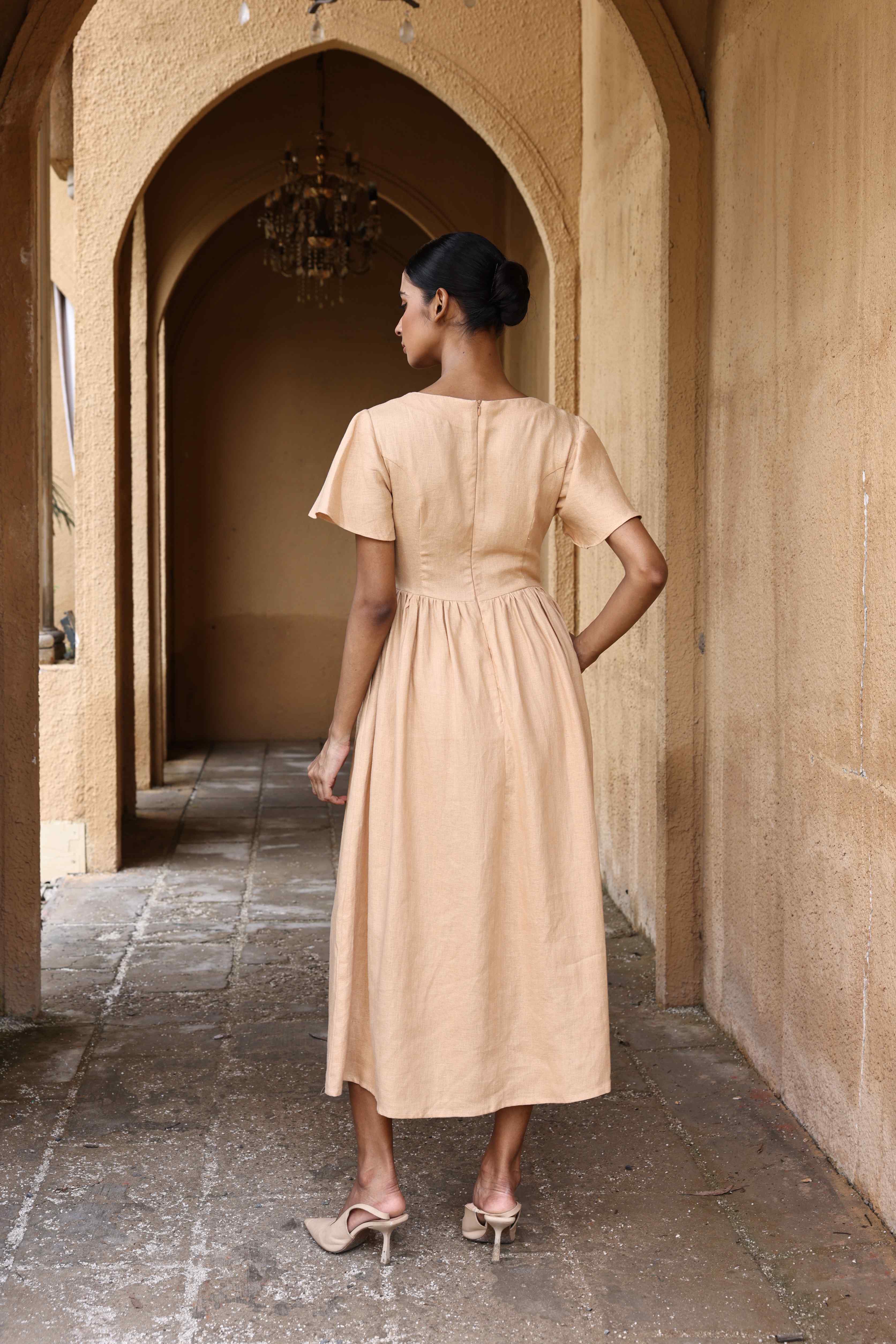 Linen flutter sleeve midi dress