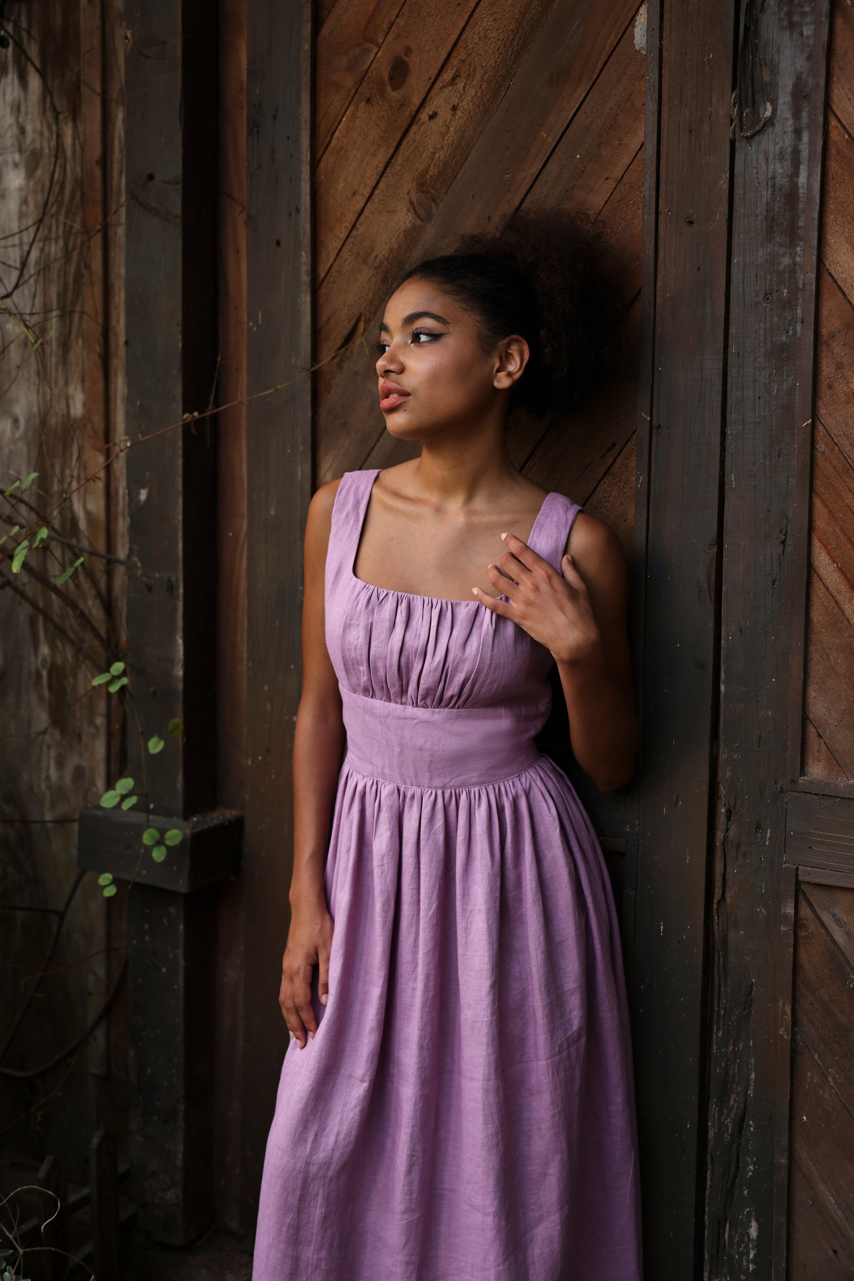 Gathered bodice linen dress